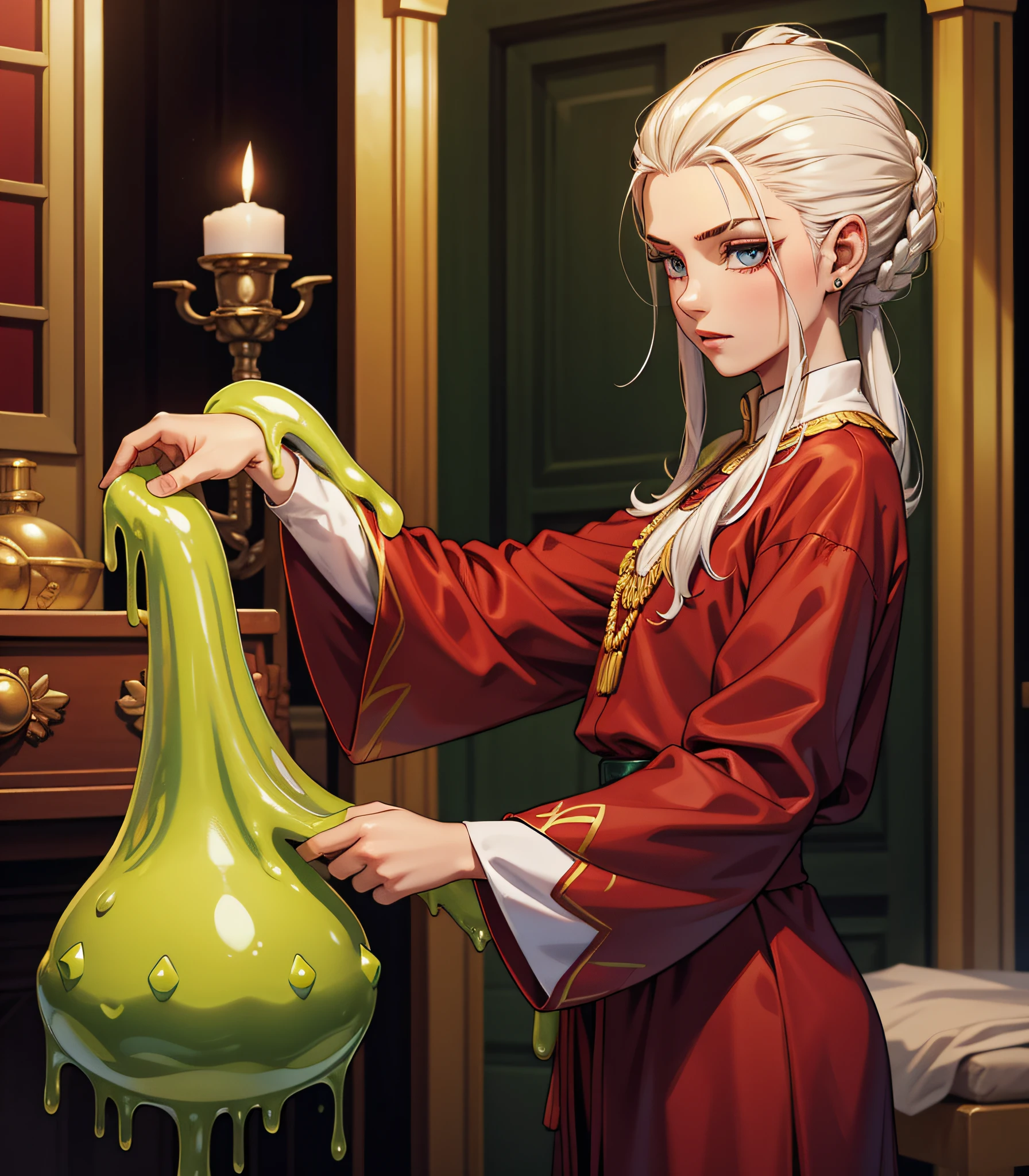 Slime boy, (slime) Slime hair Oseledets hair style, Oxblood White, Ukrainian style clothing, Masterpiece, Best Quality
