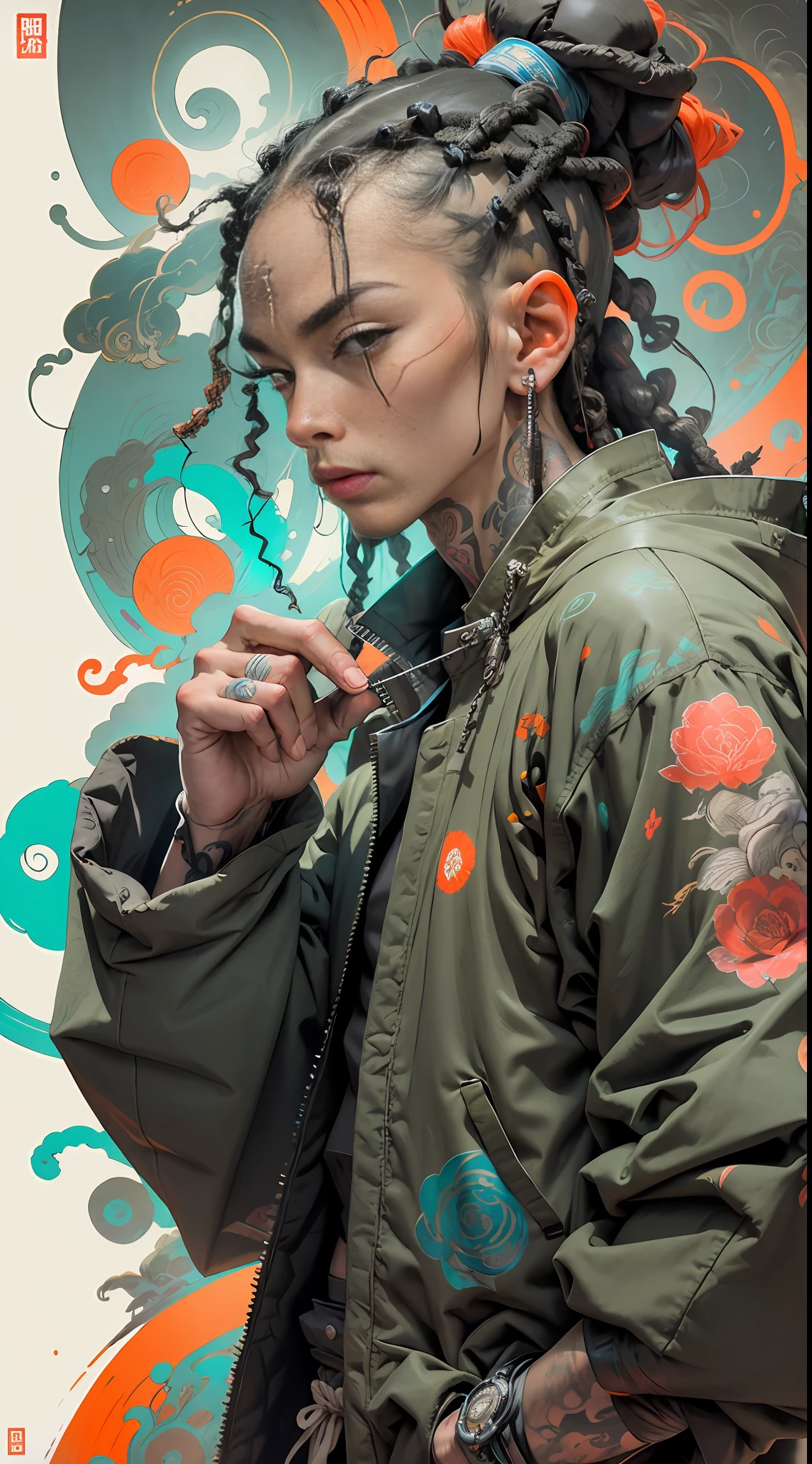 wuxia,1rapper with tattoos,dread hair,puffer jacket,super colorful,luminous colorization,sharp, cinematic,dof,35mm,pintura luminosa