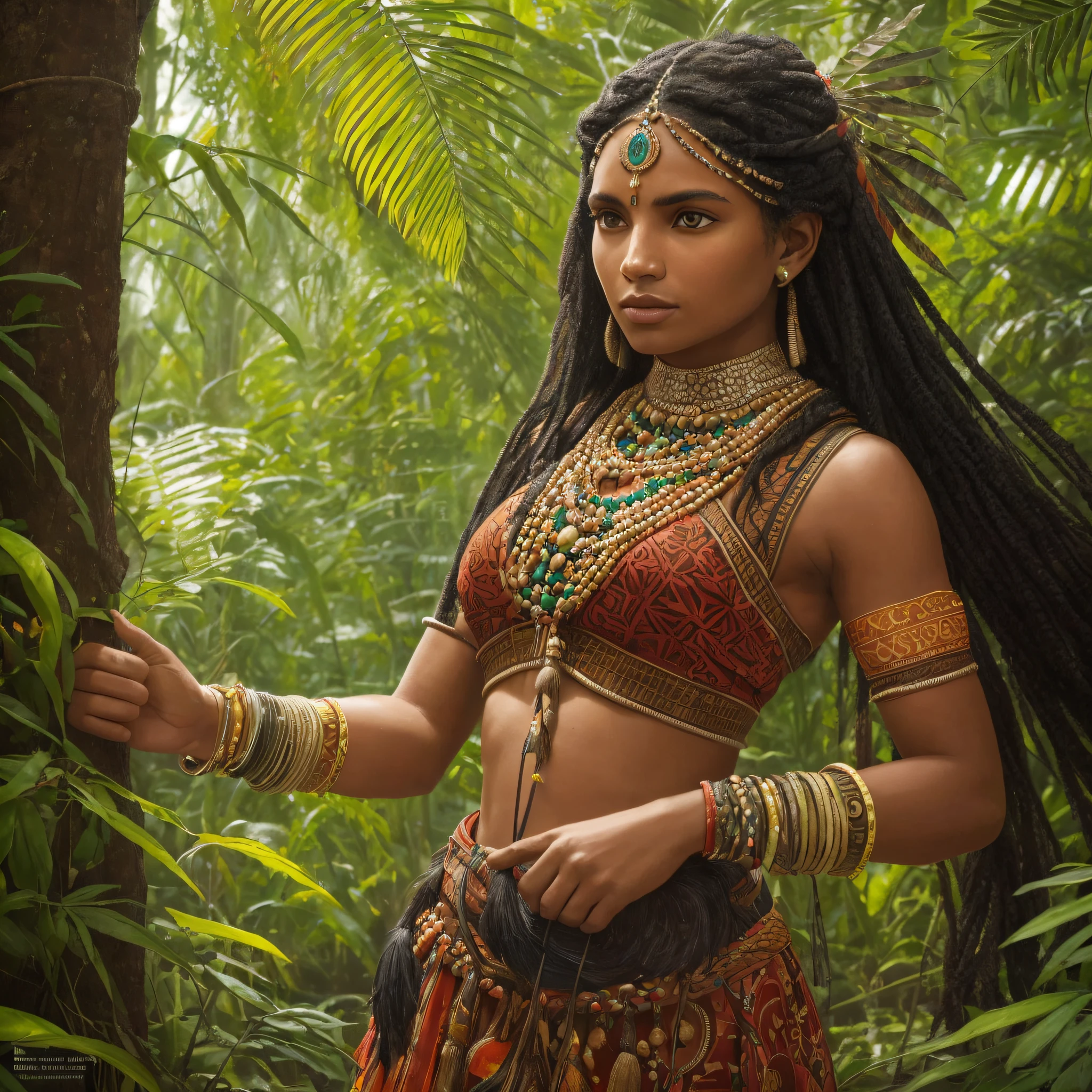 The image is an oil painting depicting a black Indian woman, a hunter in the Amazon rainforest. The image has a photographic aspect, with blur and graininess effects, which create a sense of movement and distance. The Indian is a young and beautiful woman, with long black hair, dark skin and bright eyes. She wears a short cotton dress, dyed red with annatto, which reveals her forms and her agility. She has several necklaces and bracelets of seeds, feathers and teeth of animals, which show her connection with nature and her culture. She has body paintings of geometric shapes, made with jenipapo and annatto, which indicate her identity and her function as a hunter. She carries on her back a bow and arrow, which she uses to hunt her prey. She's in an alert position, looking to the side, as if she's following a trail or hearing a sound. The background of the image is a landscape of the Amazon rainforest, with trees, plants and animals. The colors are green, brown and yellow, but with soft and diffuse tones, which contrast with the figure of India. Sunlight illuminates the scene, but also creates shadows and reflections, which give depth and perspective to the painting. The image is a realistic and poetic depiction of the Indian hunter in the Amazon rainforest, in the style of Gerhard Richter. --auto --s2