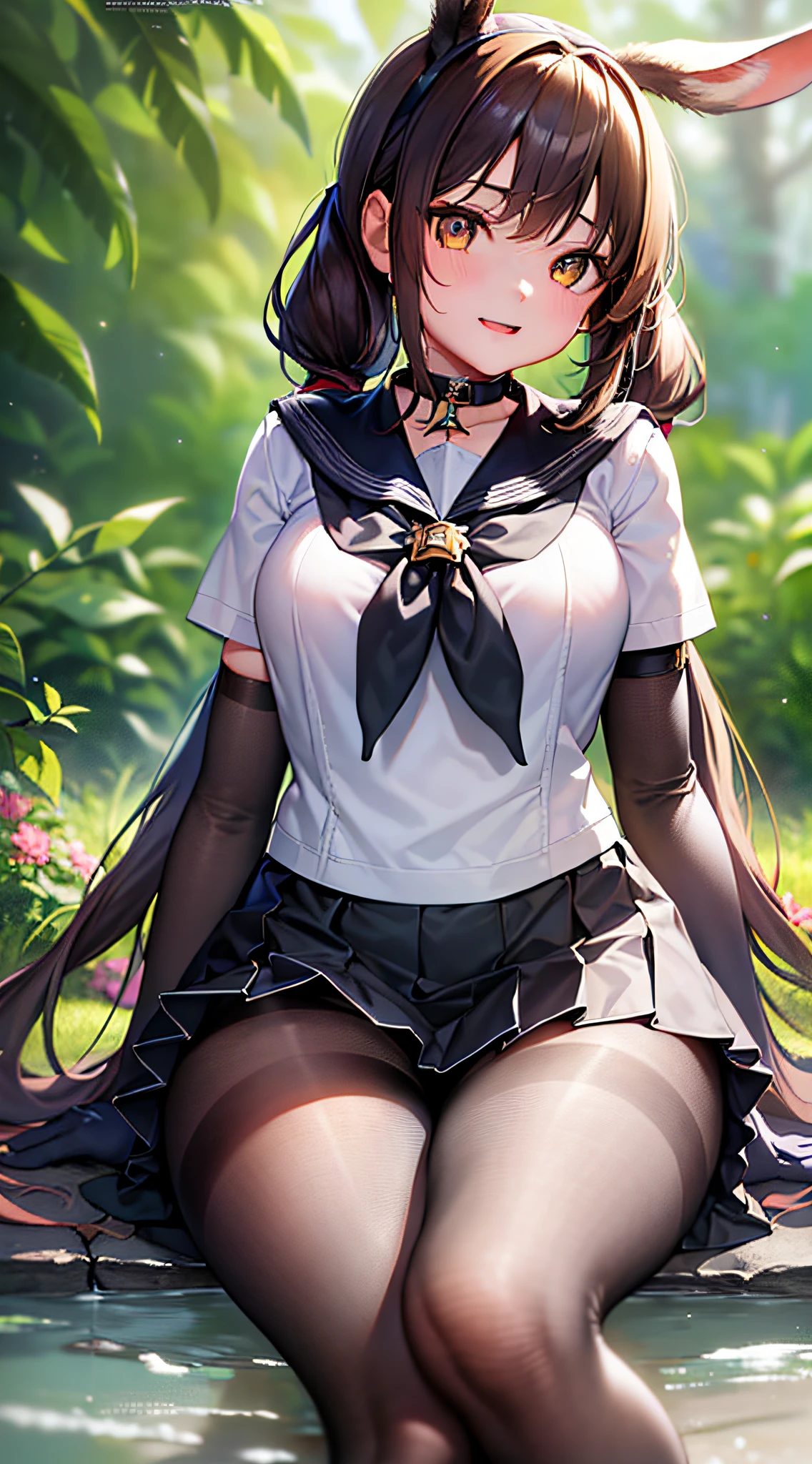 loli, solo, looking at the audience, :d (denotes: D), full body, dark eyes, long hair, brunette hair, (twintails:1.2), curvy, skinny, , , (sitting), (sailor shirt, upskirt, thighband pantyhose:1.3), dynamic angle, floating, decoration, painting, depth of field, depth of field, depth of field, depth, nature, beautiful detailed girl, extremely detailed eyes and face, beautiful detail eyes, detail light, cinematic lighting, lens hare, light leak, sunlight, shine, beautiful details glow, absurd, incredibly ridiculous, huge file size, ultra-detailed, high resolution, very detailed, best quality, masterpiece, illustration, very refined and beautiful, very detailed, CG, solidarity, 8k wallpaper, amazing, fine detail, masterpiece, best quality, official art, extremely detailed CG Unity 8k wallpaper, lens flare, defined "real" light source, golden hour, (14 years:1.3), （feet focus：1.5）,short sleeves,(elbow gloves:1.2),(chin rest),(cute face:1.4)