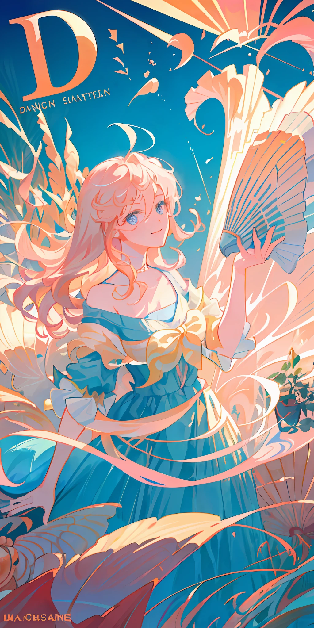 delicate and beautiful CG artwork),(best quality, ultra-detailed, high resolution),(dynamic angle, dynamic lighting),(1 character),(long wavy pink and blonde hair), blue eyes, beautiful face), 1 girl, (long sideburns, plants, smile, long blue dress, 3 d, ocean, water, beach ball, sea shells, sunny, windy, sunset (magazine:1.1), (cover-style:1.3), fashionable, vibrant, outfit, posing, front, colorful, dynamic, background, elements, confident, expression,statement, accessory, majestic, scene, text, cover, bold, attention-grabbing, title, stylish, font, catchy, headline, larger, striking, modern, trendy, focus, fashion