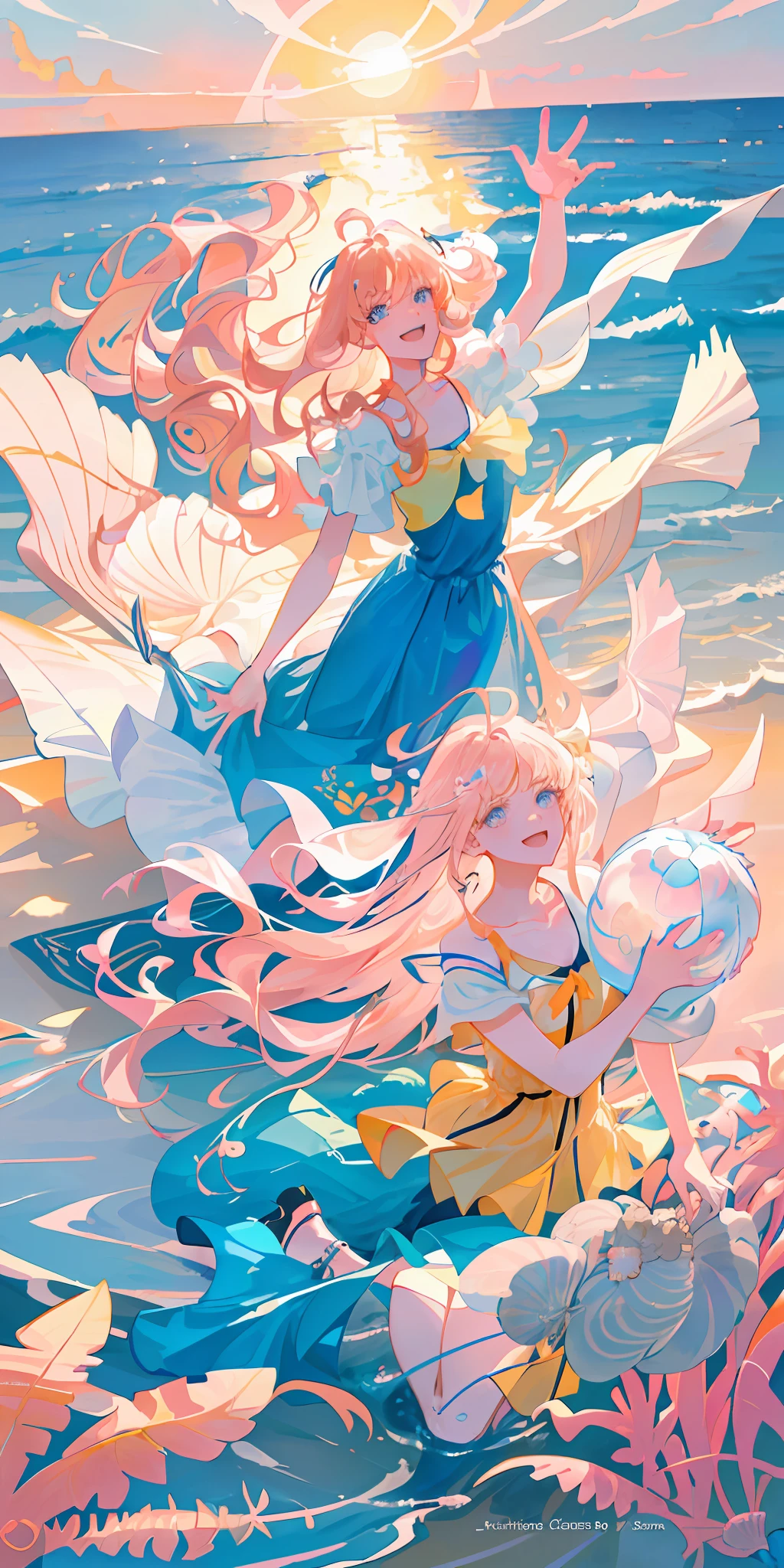 delicate and beautiful CG artwork),(best quality, ultra-detailed, high resolution),(dynamic angle, dynamic lighting),(1 character),(long wavy pink and blonde hair), blue eyes, beautiful face), 1 girl, (long sideburns, plants, smile, long blue dress, 3 d, ocean, water, beach ball, sea shells, sunny, windy, sunset (magazine:1.1), (cover-style:1.3), fashionable, vibrant, outfit, posing, front, colorful, dynamic, background, elements, confident, expression,statement, accessory, majestic, scene, text, cover, bold, attention-grabbing, title, stylish, font, catchy, headline, larger, striking, modern, trendy, focus, fashion