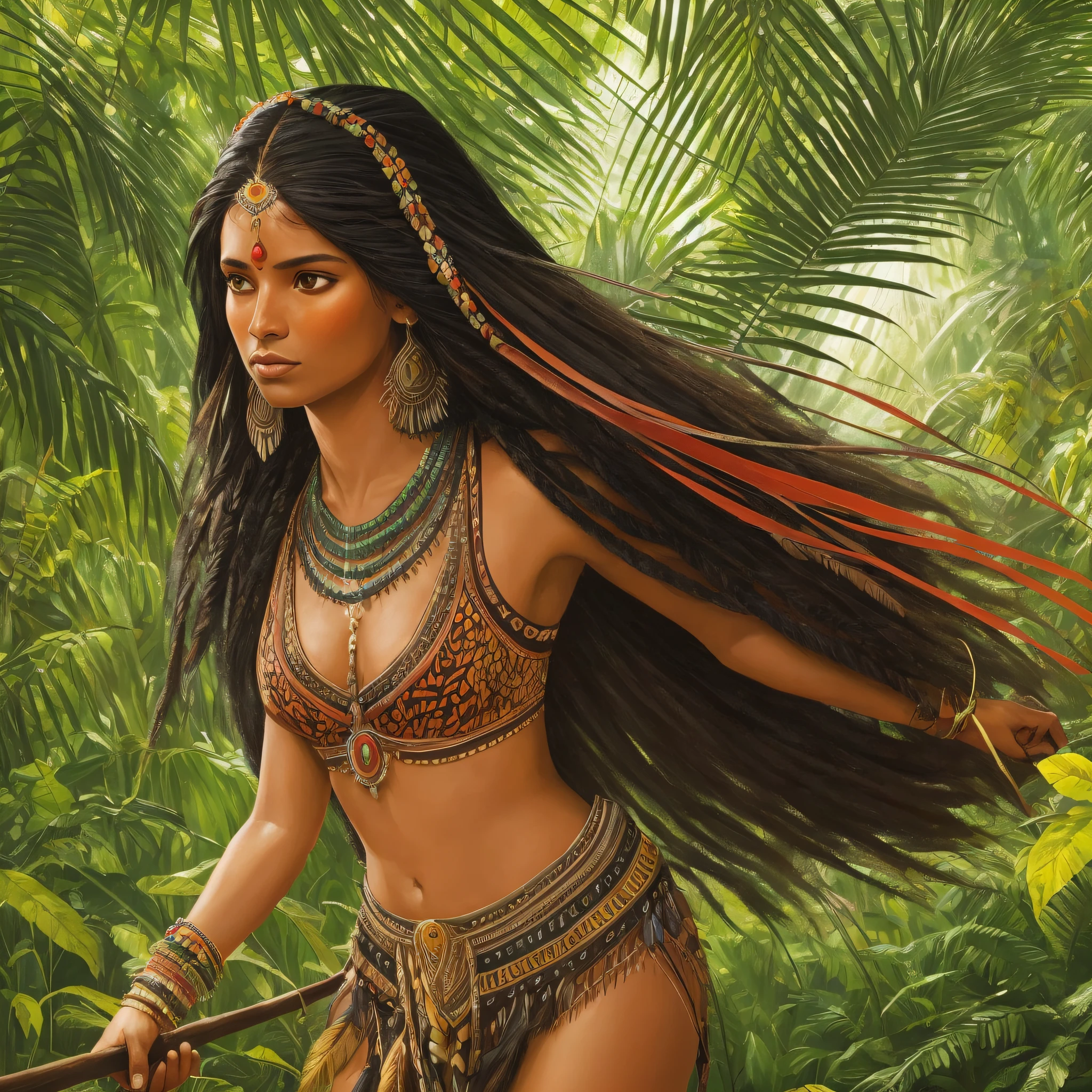 The image is an oil painting depicting a black Indian woman, a hunter in the Amazon rainforest. The image has a photographic aspect, with blur and graininess effects, which create a sense of movement and distance. The Indian is a young and beautiful woman, with long black hair, dark skin and bright eyes. She wears a short cotton dress, dyed red with annatto, which reveals her forms and her agility. She has several necklaces and bracelets of seeds, feathers and teeth of animals, which show her connection with nature and her culture. She has body paintings of geometric shapes, made with jenipapo and annatto, which indicate her identity and her function as a hunter. She carries on her back a bow and arrow, which she uses to hunt her prey. She's in an alert position, looking to the side, as if she's following a trail or hearing a sound. The background of the image is a landscape of the Amazon rainforest, with trees, plants and animals. The colors are green, brown and yellow, but with soft and diffuse tones, which contrast with the figure of India. Sunlight illuminates the scene, but also creates shadows and reflections, which give depth and perspective to the painting. The image is a realistic and poetic depiction of the Indian hunter in the Amazon rainforest, in the style of Gerhard Richter. --auto --s2