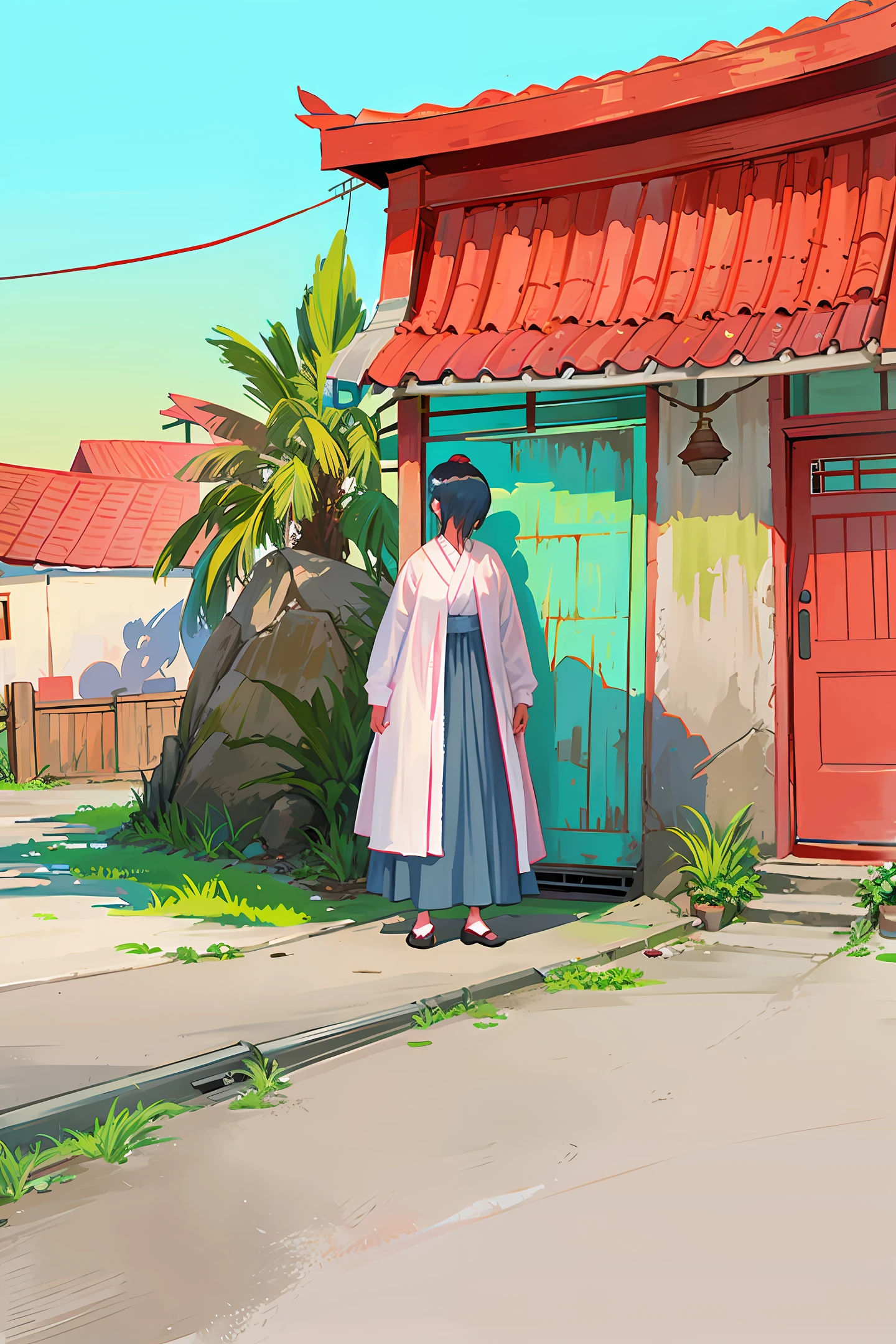 An Asian rural grandmother, dressed in a gray linen blouse and cloth shoes on her feet, stands in front of a dilapidated house and looks into the distance, waiting for her loved ones to return, daytime, and distant views