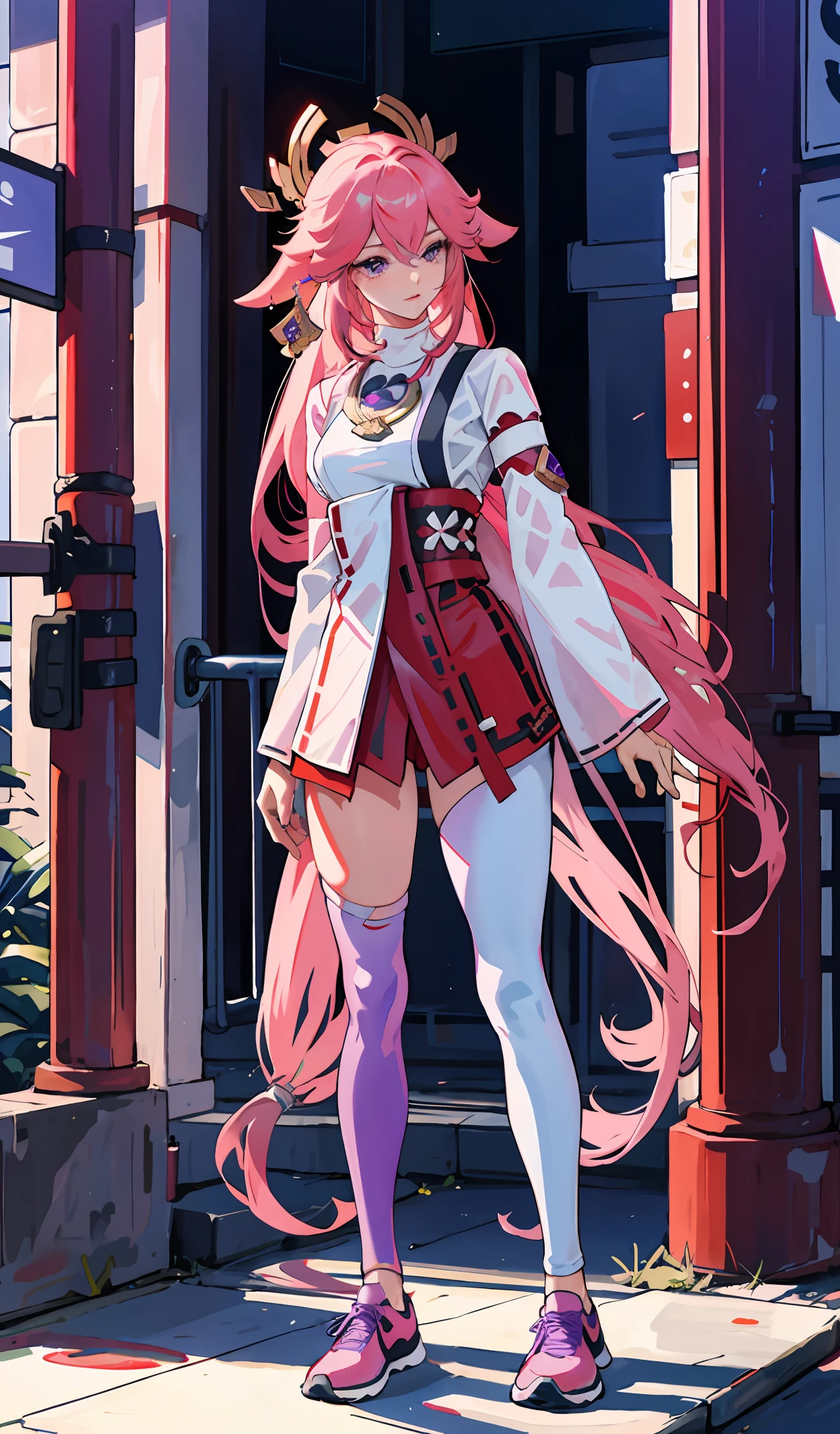 4k, realistic, very detail, there is a girl in the hospital, she is a docter, hospital theme, soft clothes, long hair, wearing legging, 25 years old, full body, wearing nike shoes, pink hair, purple eyes, yae miko