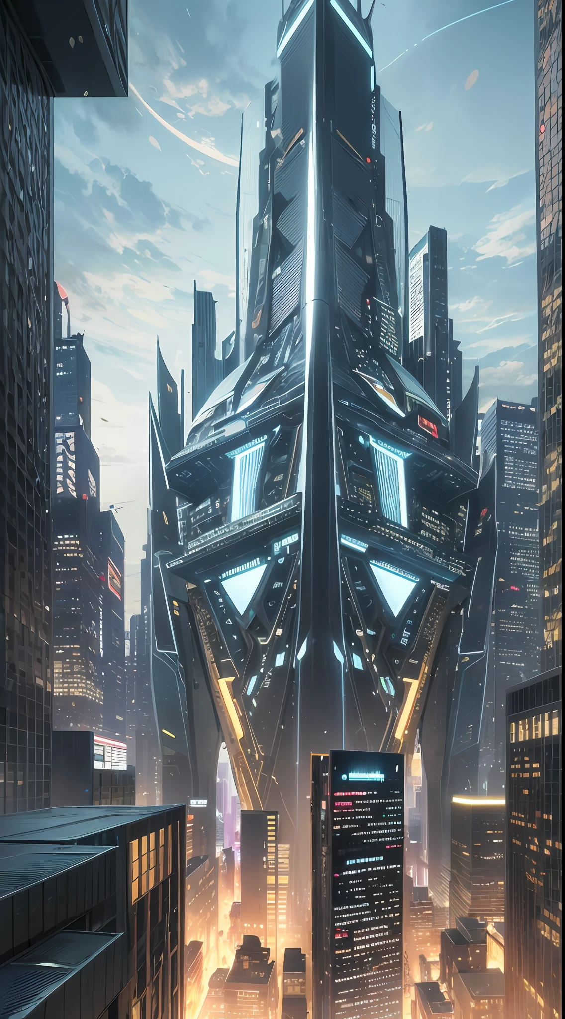 The illustration depicts a futuristic world plunged into a dark and dystopian atmosphere. Towering towers of metal and glass tower on the horizon, displaying the grandeur of the technocratic corporations that dominate the urban landscape. The city, known as the City of Shadows, is illuminated by a neonic light, which casts a cold, artificial glow over the labyrinthine streets.

In the streets below, the hustle and bustle is constant. People in futuristic clothing and gas masks circulate in a hurry, concealing their identities and protecting themselves from the impurities of the air. Flying vehicles crisscross the sky, leaving a trail of lights and making clear the technological advancement present.

In the center of the illustration stands out the imposing figure of Letharius, the enigmatic and fearless hero. Wearing futuristic armor, adorned with sharp contours and bluish technological inlays, he radiates confidence and power. His retractable wings on his back denote his agility and ability to fly, while his determined gaze conveys his mission to fight the corporations and bring hope back to the city.

Around Letharius, the resistance unites in a joint effort. Brave and diverse members, each with their own unique abilities, stand by the hero. Together, they form a united front against the oppressive forces, ready to face the challenges that present themselves.

The illustration conveys the duality between advanced technology and the darkness that pervades the world. The modern buildings contrast with the shadows that hide secrets and injustices. The dense, suspense-laden atmosphere suggests that the fate of the city and worlds beyond is at stake, while a prophecy of the impending collision of worlds hangs in the air, casting an air of mystery and urgency over the illustration.