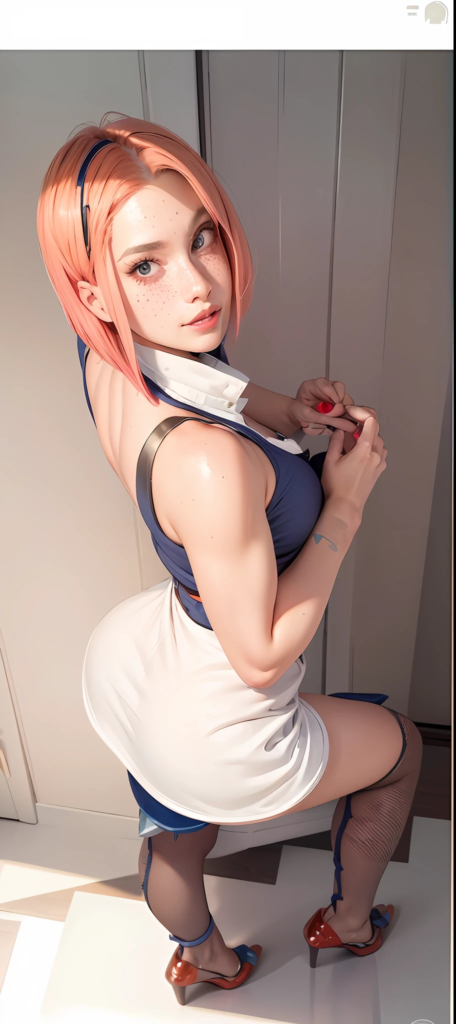 a closeup portrait of a playful maid, undercut hair, apron, amazing body, pronounced feminine feature, busty, kitchen, [ash blonde | ginger | pink hair], freckles, flirting with camera