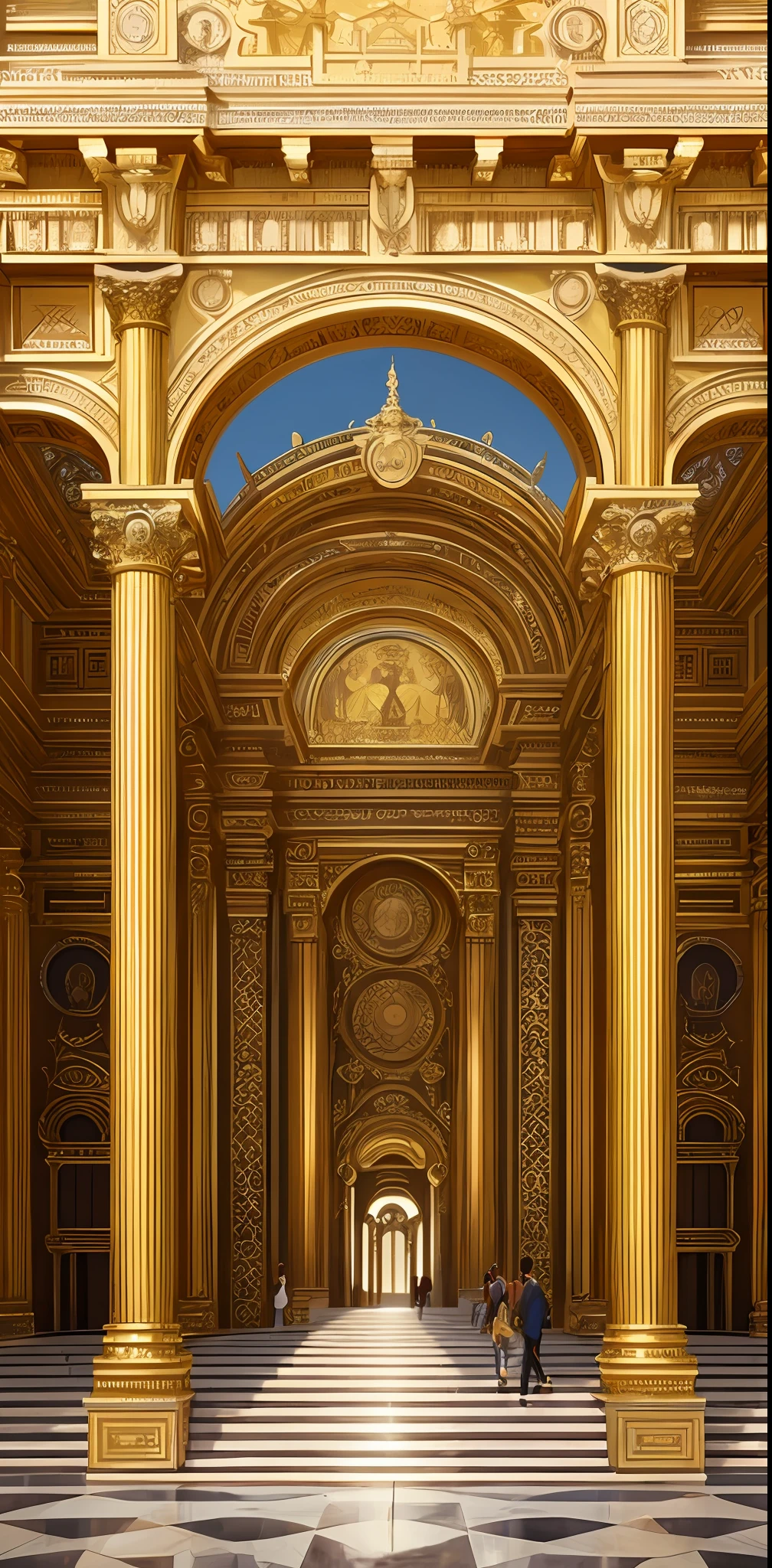 Opulent palace, golden decorations, extravagant architecture, ancient rome, aqueducts, scenery, digital painting, artstation, concept art, sharp focus, illustration, art by artgerm and greg rutkowski and alphonse mucha