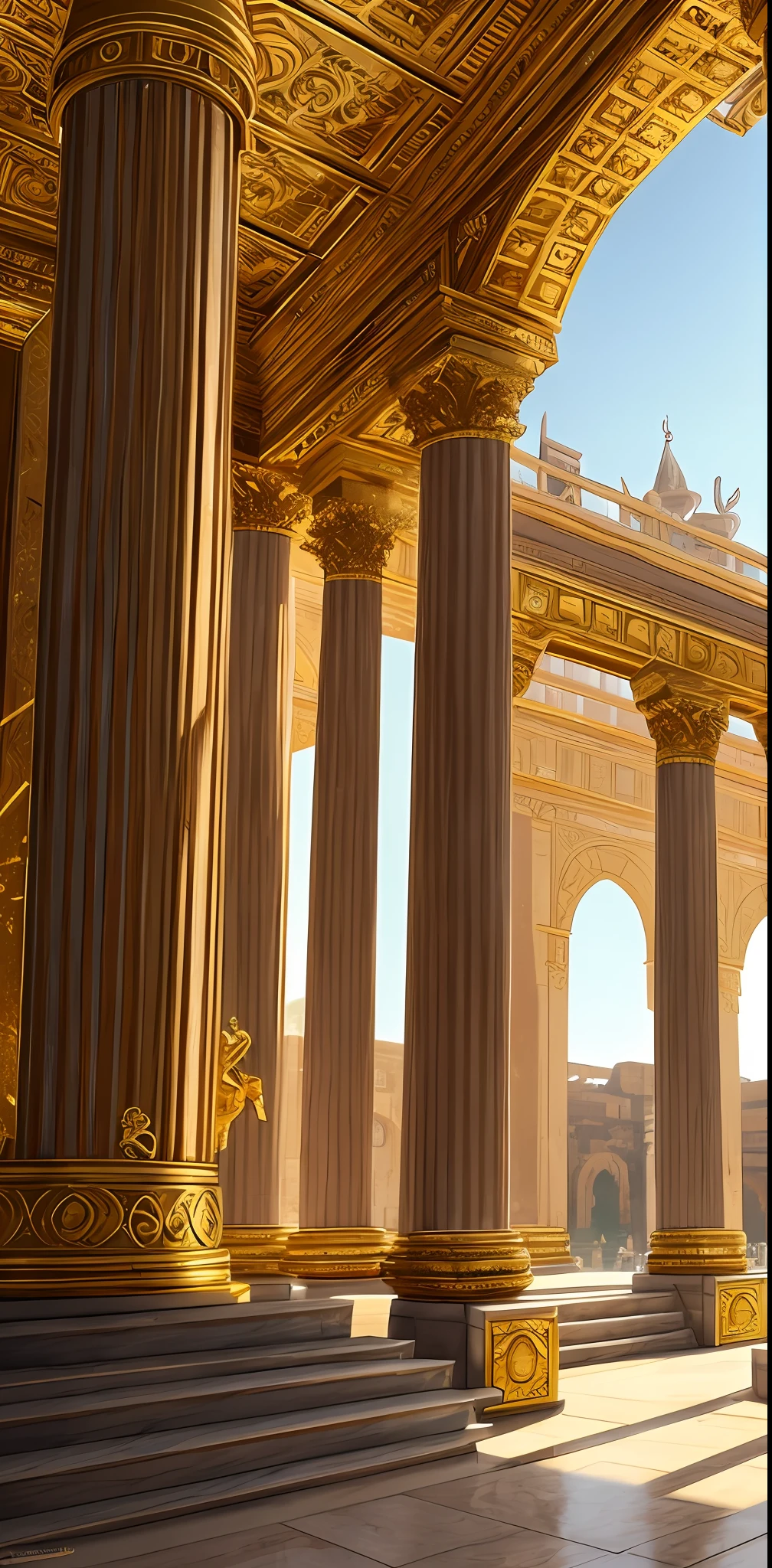 Opulent palace, golden decorations, extravagant architecture, ancient rome, aqueducts, scenery, digital painting, artstation, concept art, sharp focus, illustration, art by artgerm and greg rutkowski and alphonse mucha