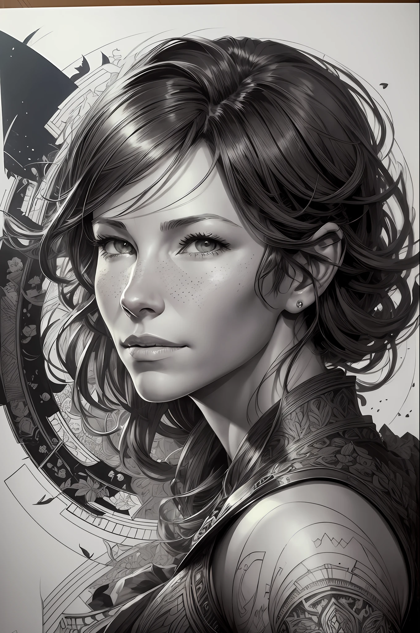 Portrait of Evangeline Lilly, pen and ink, intricate line drawings, by Craig Mullins, Ruan Jia, Kentaro Miura, Greg Ruttowski, Loundraw --auto --s2