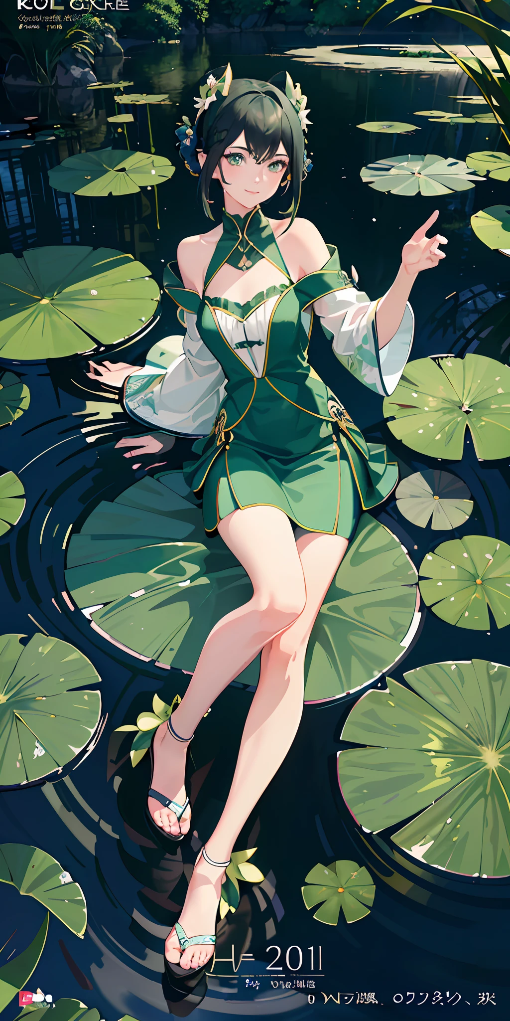 delicate and beautiful CG artwork),(best quality, ultra-detailed, high resolution),(dynamic angle, dynamic lighting),(1 character),(short black and green hair), blue eyes, beautiful face), frog, 1 girl, (long sideburns, plants, smile, black and green clothes, 3 d, frog girl, water lilies, lily pads, lake, pond, two space buns, koi fish (magazine:1.1), (cover-style:1.3), fashionable, vibrant, outfit, posing, front, colorful, dynamic, background, elements, confident, expression,statement, accessory, majestic, scene, text, cover, bold, attention-grabbing, title, stylish, font, catchy, headline, larger, striking, modern, trendy, focus, fashion