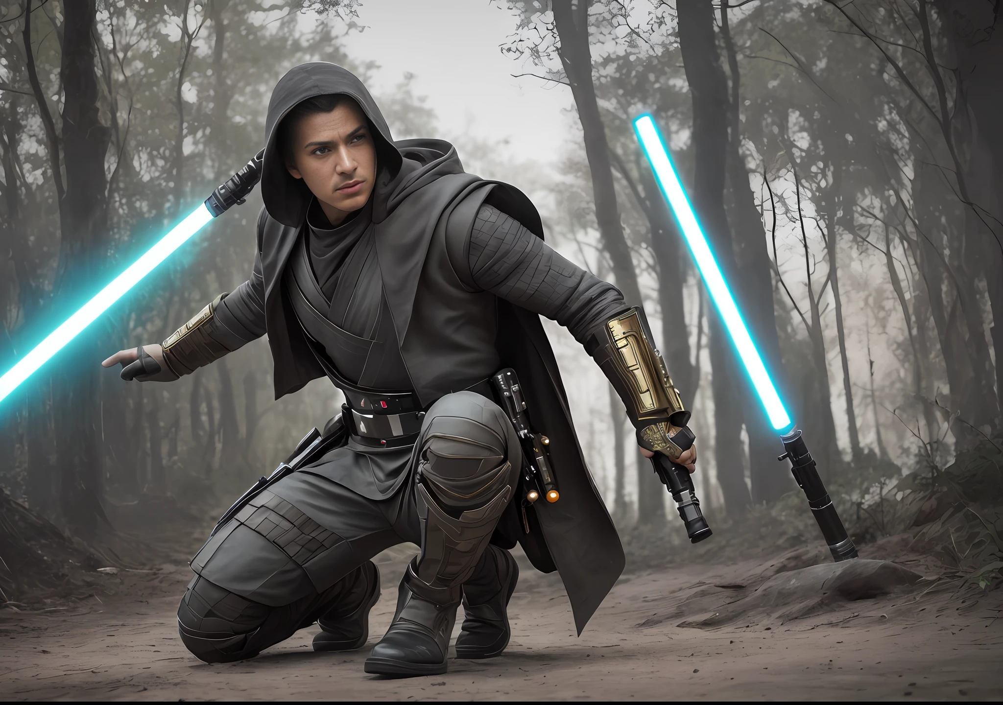 photograph of a jedi knight man with a lightsaber 1 in one hand, striking pose, dramatic action, star wars, (hdr:1.3), complex background, cinematic, filmic, (artstation: 0.8),, photorealistic, hyperrealistic, hyperdetailed, style, cocked hip, demure, low cut, detailed skin, matte skin, soft lighting, subsurface scattering, realistic, heavy shadow, masterpiece, best quality, ultra realistic, 8k, golden ratio, Intricate, High detail, film photography, soft focus