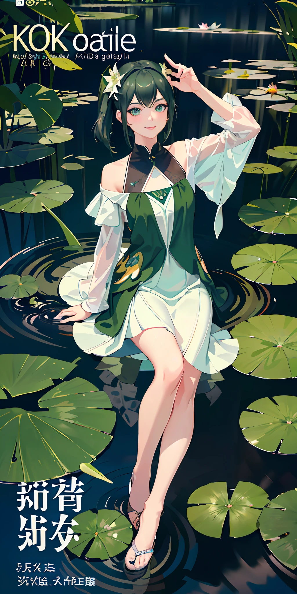 delicate and beautiful CG artwork),(best quality, ultra-detailed, high resolution),(dynamic angle, dynamic lighting),(1 character),(short black and green hair), blue eyes, beautiful face), frog, 1 girl, (long sideburns, plants, smile, black and green clothes, 3 d, frog girl, water lilies, lily pads, lake, pond, two space buns, koi fish (magazine:1.1), (cover-style:1.3), fashionable, vibrant, outfit, posing, front, colorful, dynamic, background, elements, confident, expression,statement, accessory, majestic, scene, text, cover, bold, attention-grabbing, title, stylish, font, catchy, headline, larger, striking, modern, trendy, focus, fashion