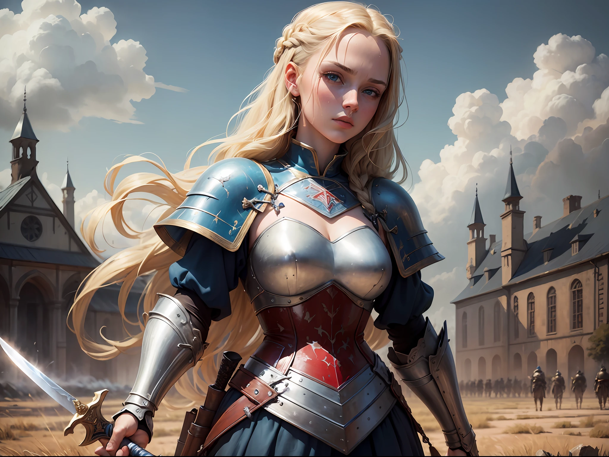 (masterpiece, high quality, best detail), proper lighting, soft blur, dynamic angle, (female: 1.3), perfect blue eyes, (medieval warrior queen, late 1930s, braided blonde hair, blood splatter: 1.3 ), braided blonde hair, (holding a sword: 1.5), full body, blue sky, lots of clouds, devastated field in the background, open plan, (extremely detailed 8k CG wallpaper), (masterpiece), (best quality: 1.0), high contrast, (ultra highres: 1.0), beautiful lighting, perfect lighting, realistic shadows, [highres], detailed skin, ultra-detailed 70mm lens --auto --s2
