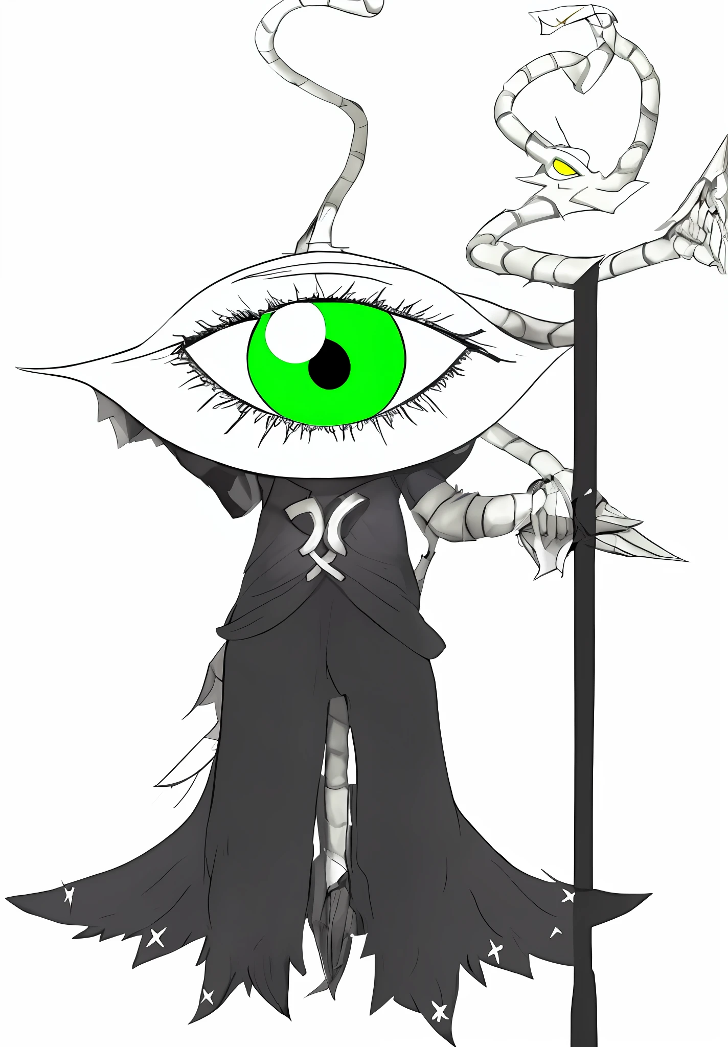 A grotesque male cyclops monster, wrapped in a dark cloak, with only a single giant eye !!!!! in place of his head, holding a green magic scepter with a long black robe and a scythe, evil wizard, evil sorcerer, drawn in Microsoft ink, evil witches, witch supervillain sorceress, evil sorceress, magic spell of the giant eye, inspired by Aquirax Uno, one eye, wedjat's eye, grandma's time wax,  occultist