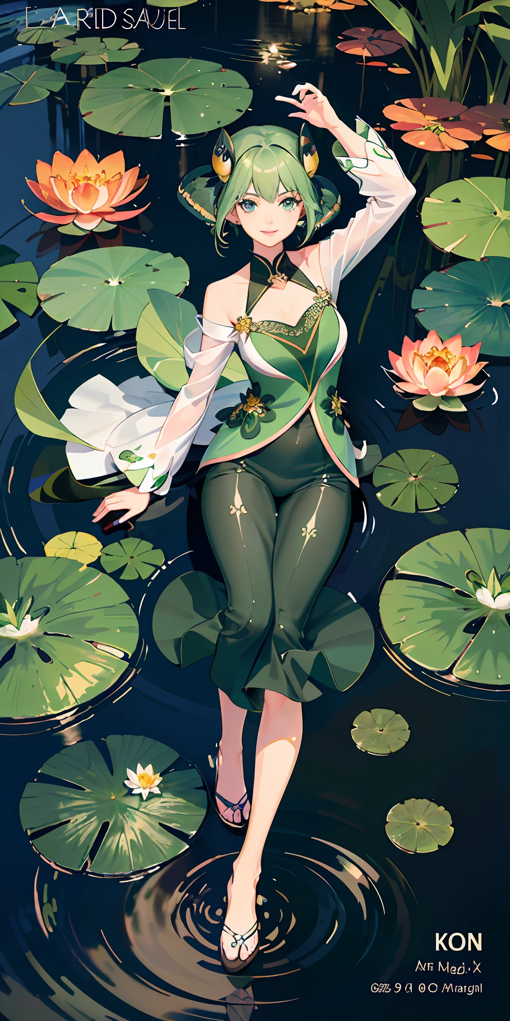 delicate and beautiful CG artwork),(best quality, ultra-detailed, high resolution),(dynamic angle, dynamic lighting),(1 character),(short black and green hair), blue eyes, beautiful face), frog, 1 girl, (long sideburns, plants, smile, black and green clothes, 3 d, frog girl, water lilies, lily pads, lake, pond, two space buns, koi fish (magazine:1.1), (cover-style:1.3), fashionable, vibrant, outfit, posing, front, colorful, dynamic, background, elements, confident, expression,statement, accessory, majestic,  scene, text, cover, bold, attention-grabbing, title, stylish, font, catchy, headline, larger, striking, modern, trendy, focus, fashion