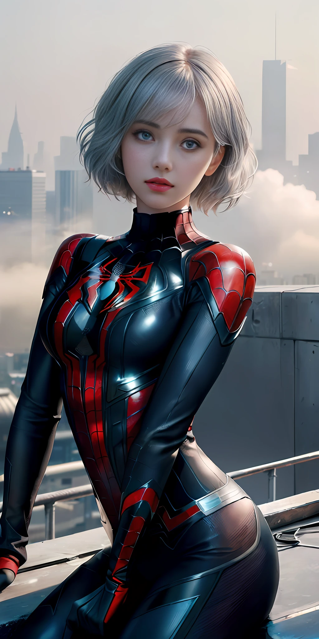 (1girl:1.3), Solo, (((Very detailed face)))), ((Very detailed eyes and face)))), Beautiful detail eyes, Body parts__, Official art, Unified 8k wallpaper, Super detailed, beautiful and beautiful, beautiful, masterpiece, best quality, original, masterpiece, super fine photo, best quality, super high resolution, realistic realism, sunlight, full body portrait, amazing beauty, dynamic pose, delicate face, vibrant eyes, (from the front), She wears Spider-Man suit, red and black color scheme, spider, very detailed city roof background, rooftop, overlooking the city, detailed face, detailed complex busy background, messy, gorgeous, milky white, highly detailed skin, realistic skin details, visible pores, clear focus, volumetric fog, 8k uhd, DSLR, high quality, film grain, fair skin, photo realism, lomography, futuristic dystopian megalopolis, translucent, short hair, silver hair,