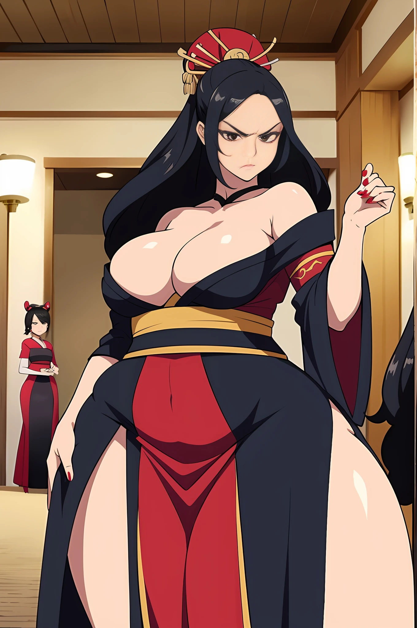 3girls, angry, annoyed, huge hips, huge thighs, dress, mean, confident, bitchy, geisha, geisha makeup, cruel smile, intimidating