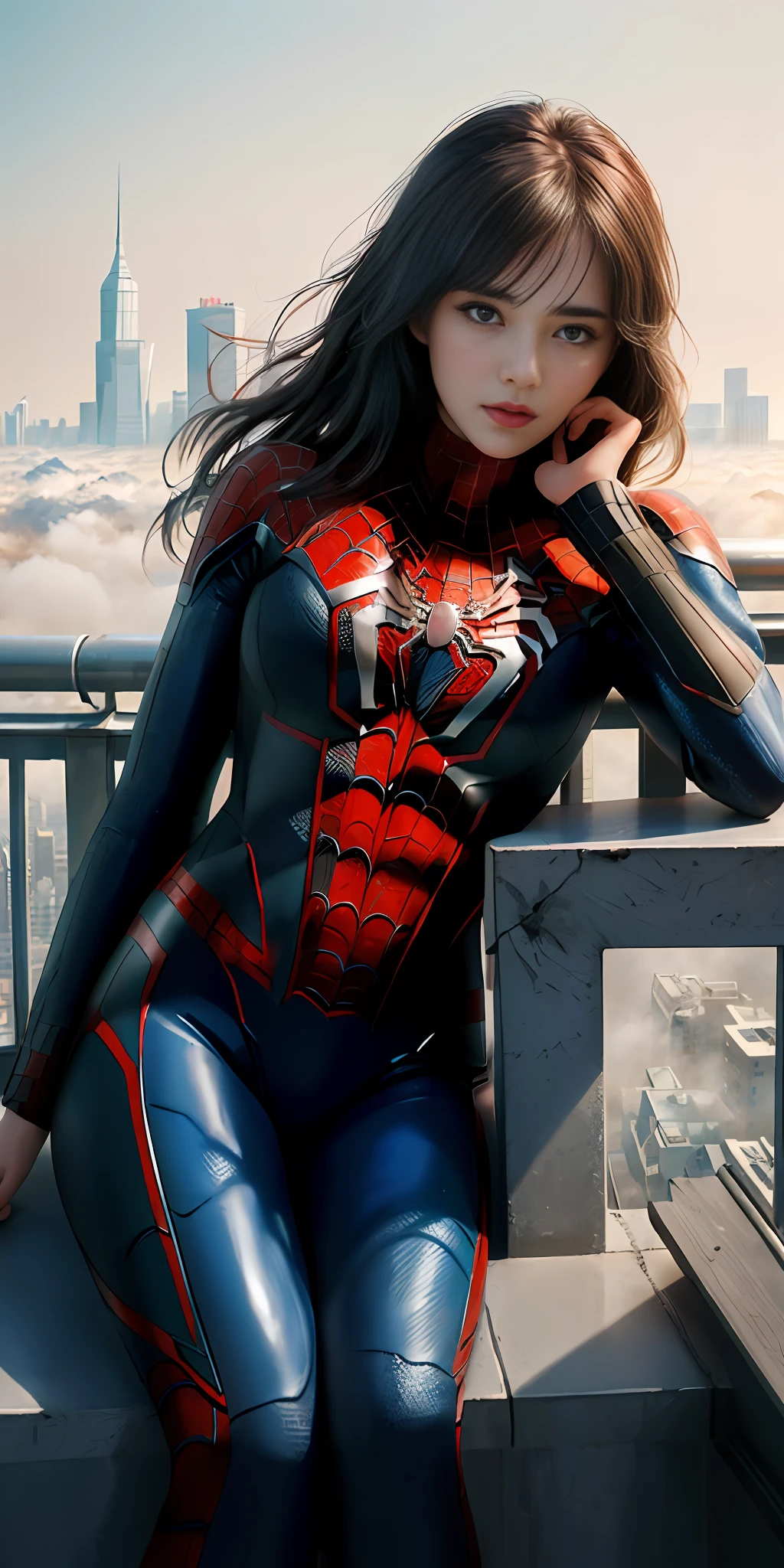 (1girl:1.3), Solo, (((Very detailed face)))), ((Very detailed eyes and face)))), Beautiful detail eyes, Body parts__, Official art, Unified 8k wallpaper, Super detailed, beautiful and beautiful, beautiful, masterpiece, best quality, original, masterpiece, super fine photo, best quality, super high resolution, realistic realism, sunlight, full body portrait, amazing beauty, dynamic pose, delicate face, vibrant eyes, (from the front), She wears Spider-Man suit, red and black color scheme, spider, very detailed city roof background, rooftop, overlooking the city, detailed face, detailed complex busy background, messy, gorgeous, milky white, highly detailed skin, realistic skin details, visible pores, clear focus, volumetric fog, 8k uhd, DSLR, high quality, film grain, fair skin, photo realism, lomography, futuristic dystopian megalopolis, translucent