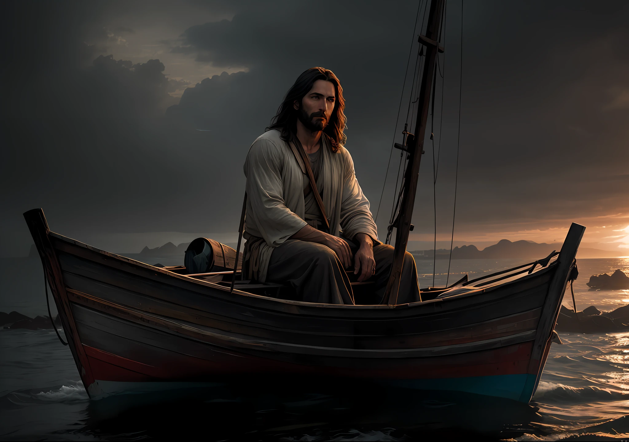 JESUS CHRIST sitting next to an old boat the sea dark photo: realistic epic, soft cinematic portrait, adobe lightroom, photographic lab, highly detailed, faded, art by greg rutkowski and artgerm ,neutral colors: 1,2), (hdr:1,4) , (soft colors:1.2), hyperdetailed, (artstation:1.4), cinematic, warm lights, dramatic light, (intricate details:1.1), complex background, (rutkowski:0.66), (blue and orange:0.4)