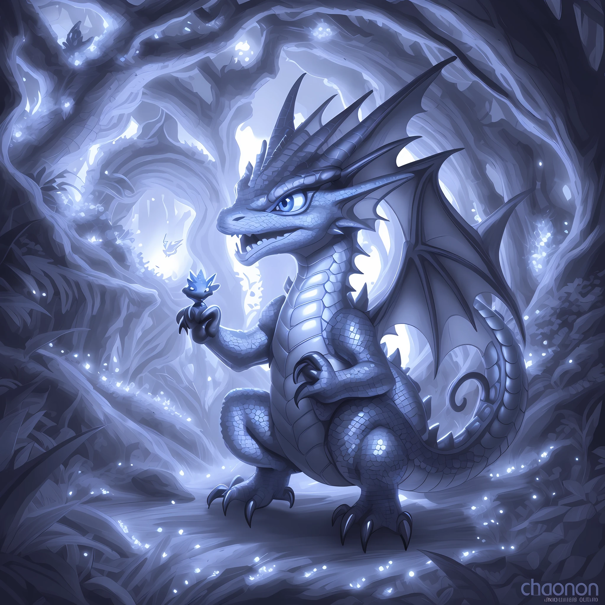 Coloring illustration of cute cute dragon baby, y hatched dragon, very cute purple dragon, stuffed dragon, detailed dragon, anthropomorphic dragon, dragon art, like an anthropomorphic dragon, but like an anthropomorphic dragon, dra the dragon, a cute little blue dragon. Enchanted forest. Black and white. Light grayscale.