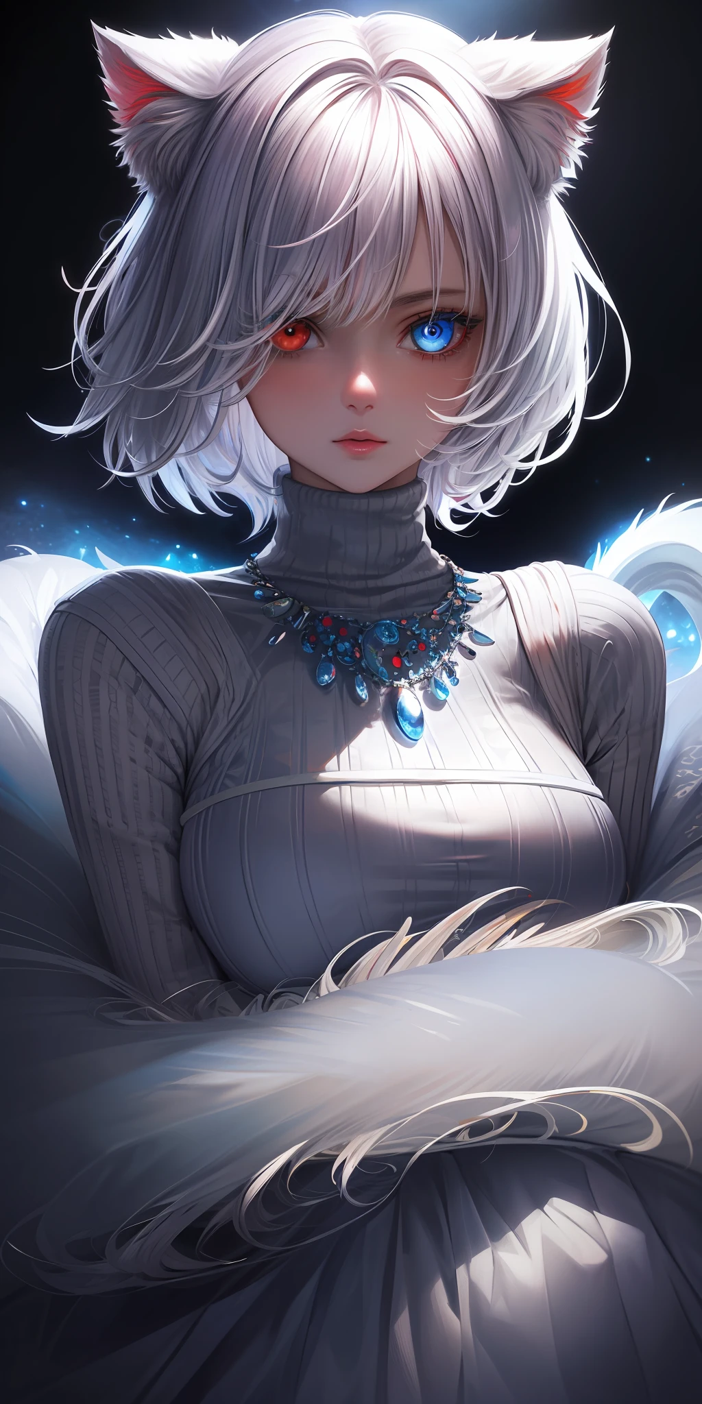 masterpiece, best quality, ultra-detailed, illustration,(1girl),beautiful detailed eyes, looking at viewer, close up, (breast focus), white short hair, shy, cat ears, ((glowing blue necklace)), moon in background, (blue and red eyes), thick lips, ((heterochromia)), small breasts, (turtleneck sweater)