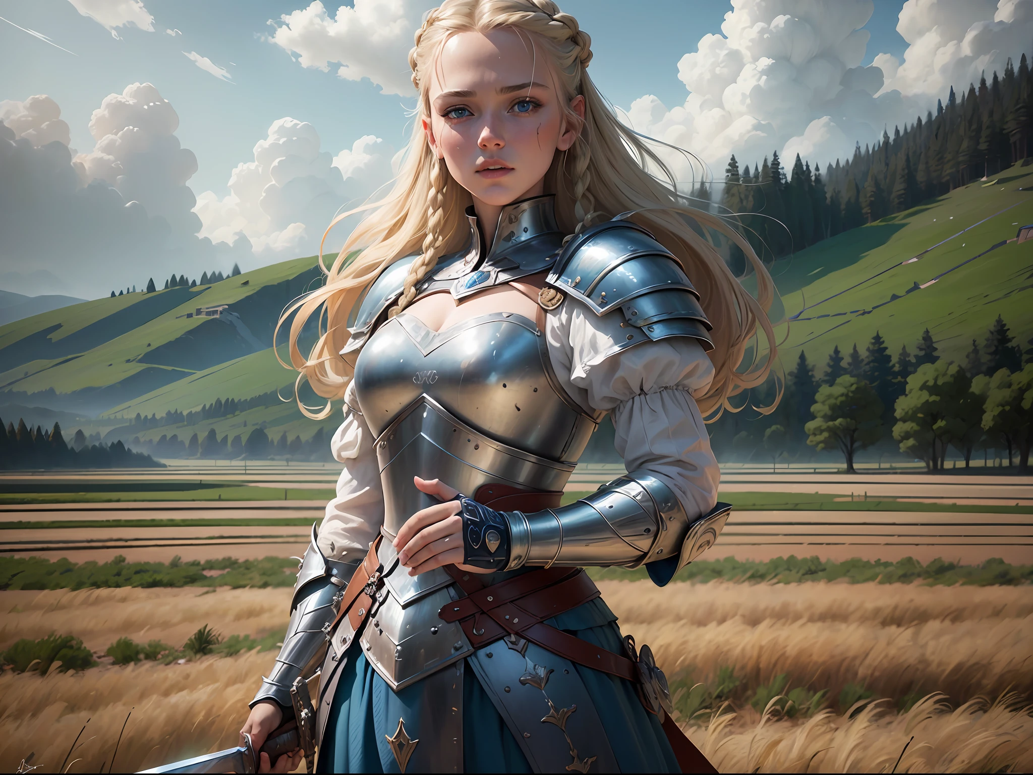 (masterpiece, high quality, best detail), proper lighting, soft blur, dynamic angle, (female: 1.3), perfect blue eyes, (medieval warrior queen, late 1930s, braided blonde hair, blood splatter: 1.3 ), braided blonde hair, (holding a sword: 1.5), full body, blue sky, lots of clouds, devastated field in the background, open plan, (extremely detailed 8k CG wallpaper), (masterpiece), (best quality: 1.0), high contrast, (ultra highres: 1.0), beautiful lighting, perfect lighting, realistic shadows, [highres], detailed skin, ultra-detailed 70mm lens --auto --s2