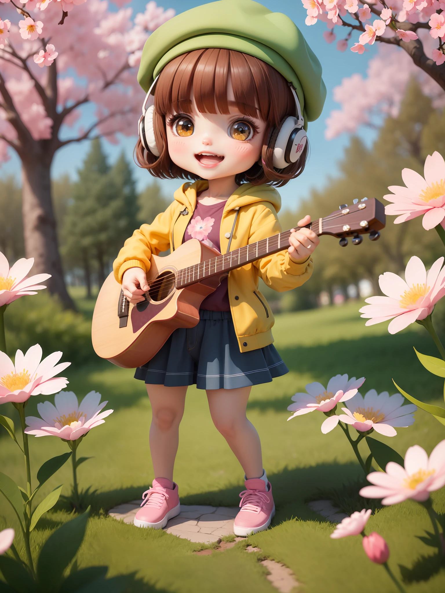 (masterpiece),(best quality),(ultra-detailed), (full body:1.2), 1girl,chibi,cute, smile, open mouth, flower, outdoors, playing guitar, music, beret, holding guitar, jacket, blush, tree, :3, shirt, short hair, cherry blossoms, green headwear, blurry, brown hair, blush stickers, long sleeves, bangs, headphones, black hair, pink flower, (beautiful detailed face), (beautiful detailed eyes),