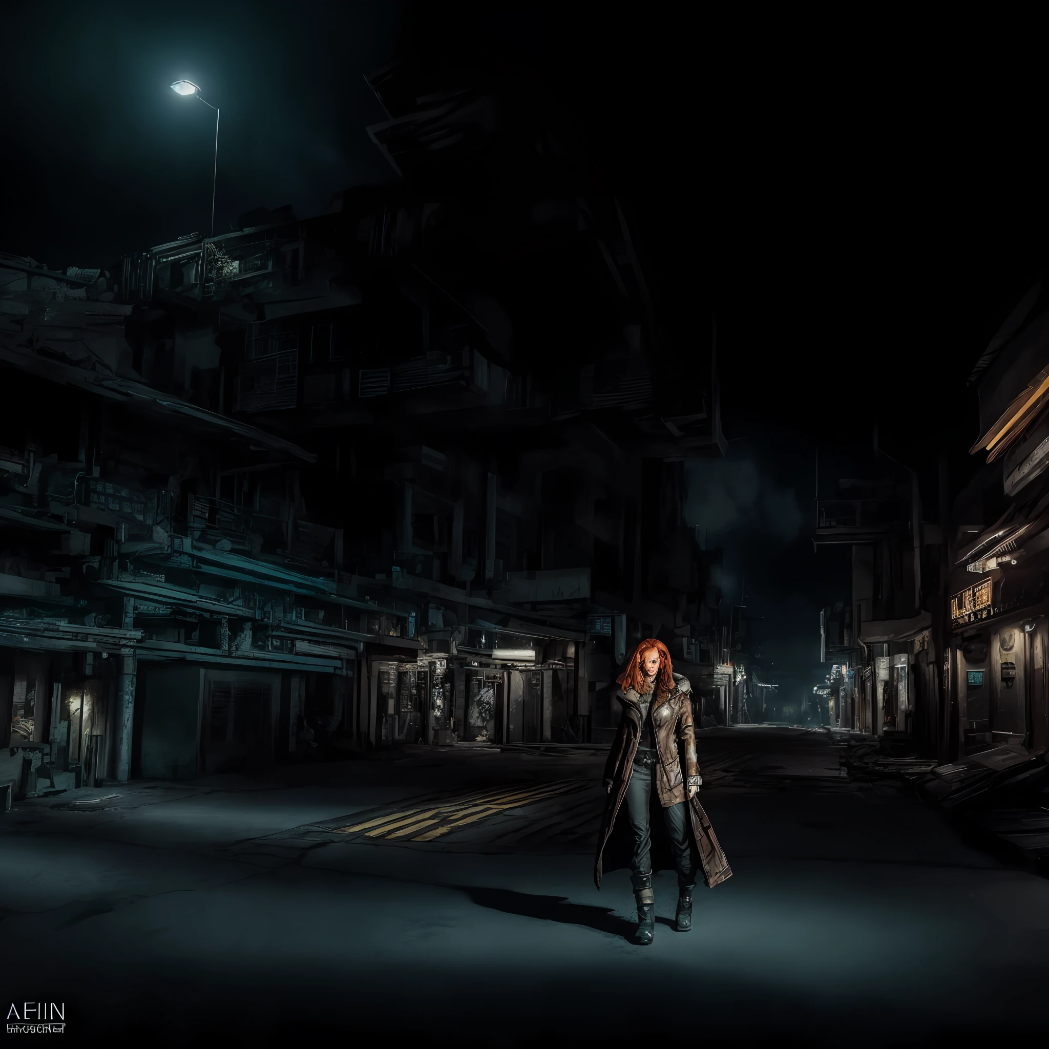 cyberpunk ginger vixen at central plaza of post apocalyptic city, Light field photography, wide angle lens f/2.8, ultra insane high resolution intricate textures, texture indentation, 32k raw professional photo, perfect perspective, perfect geometry, ultra insane ambient lighting, ultra insane ambient shadows, luminism, ultra intricate, detailed ultra busy background, bouncing lighting, tessellation, maximalism, IPA Award wining masterpiece, art by Afremov, Kashin, Aenami, Jeremy Mann