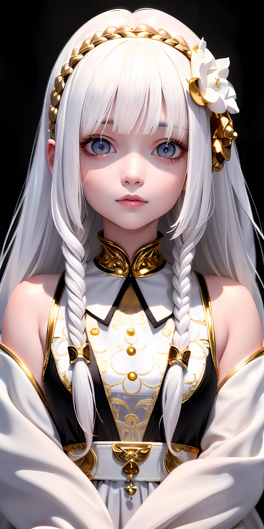 best quality, masterpiece,white hair, gold eyes,white clothes, looking up, upper body,hair strand,Fair skin,side braids