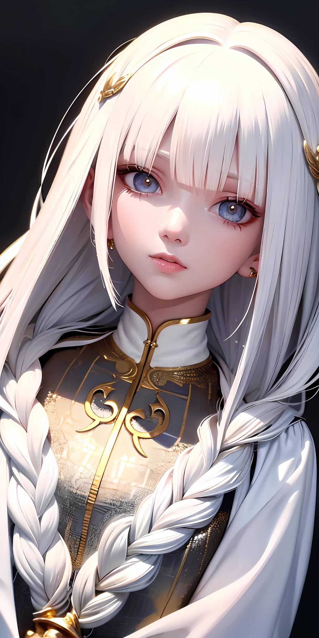 best quality, masterpiece,white hair, gold eyes,white clothes, looking up, upper body,hair strand,Fair skin,side braids