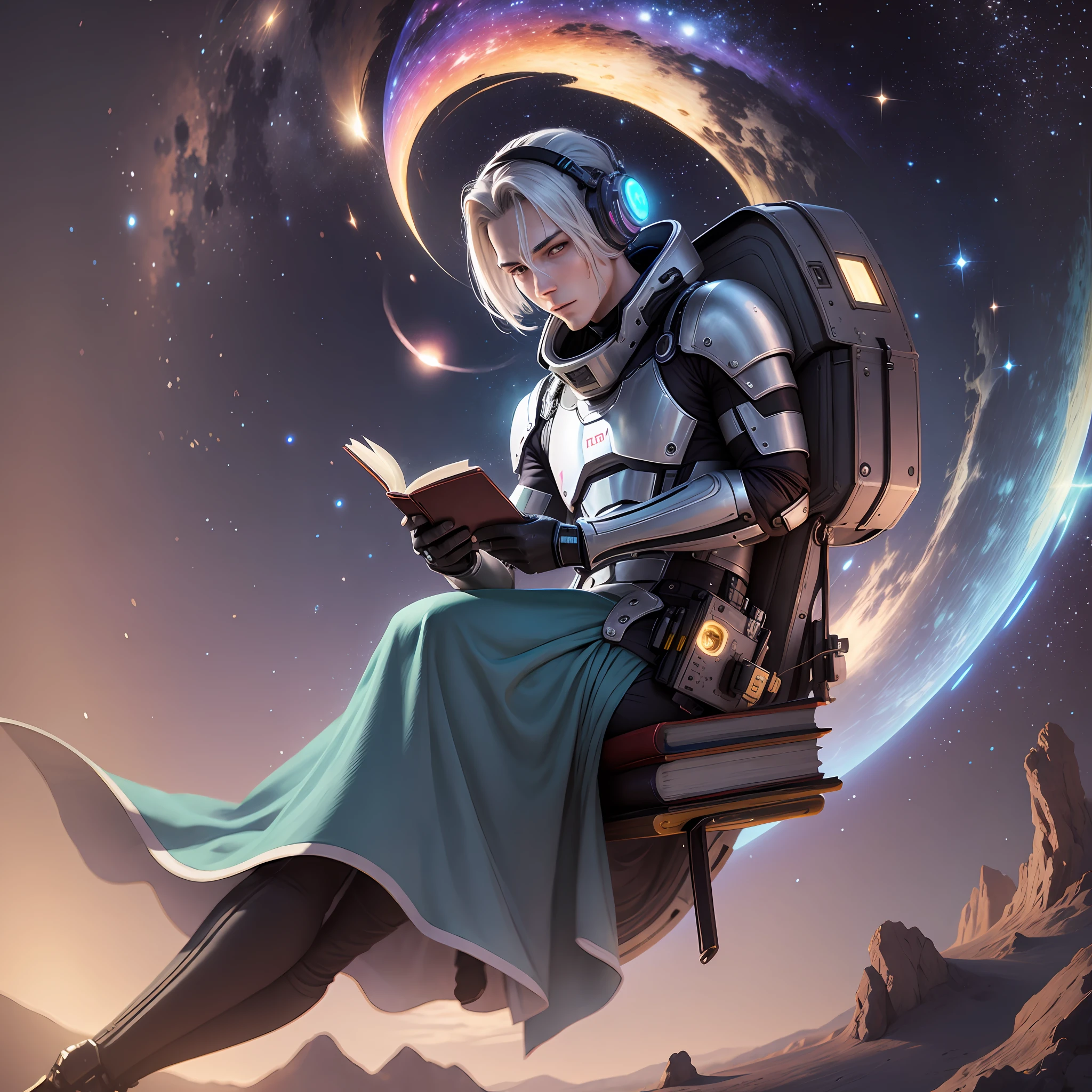 A bizarre male android reading a book flying through the galaxy