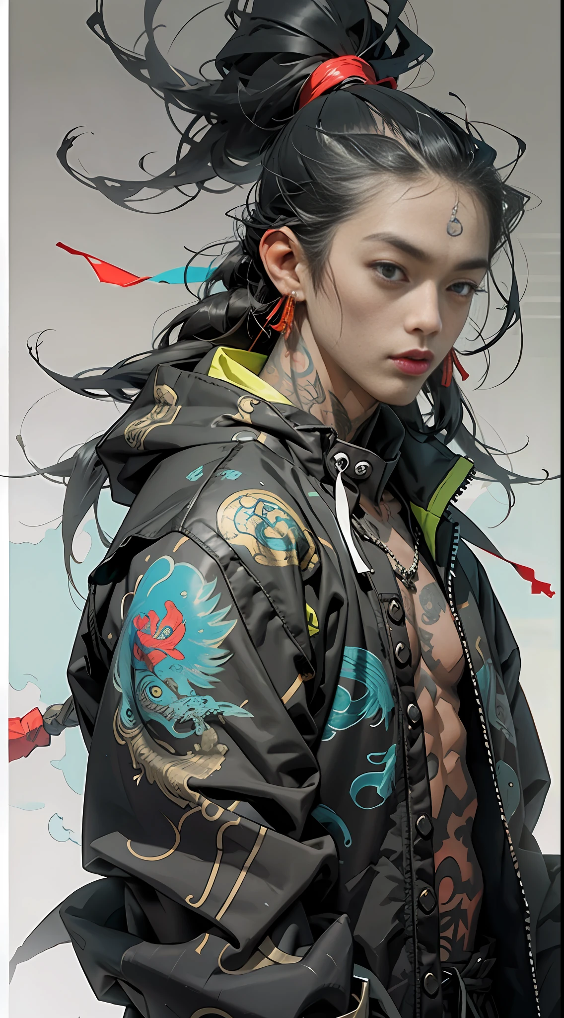 wuxia,1rapper with tattoos,dread hair,puffer jacket,super colorful,luminous colorization,illustration
