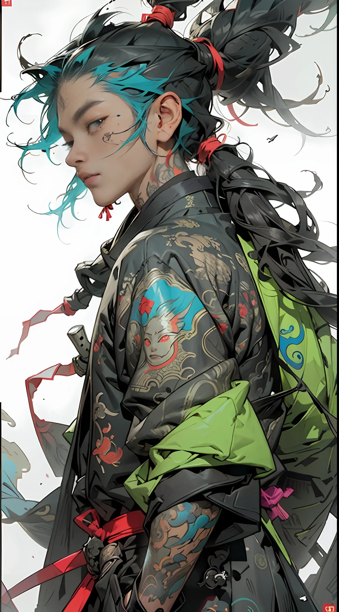 wuxia,1rapper with tattoos,dread hair,puffer jacket,super colorful,luminous colorization,illustration