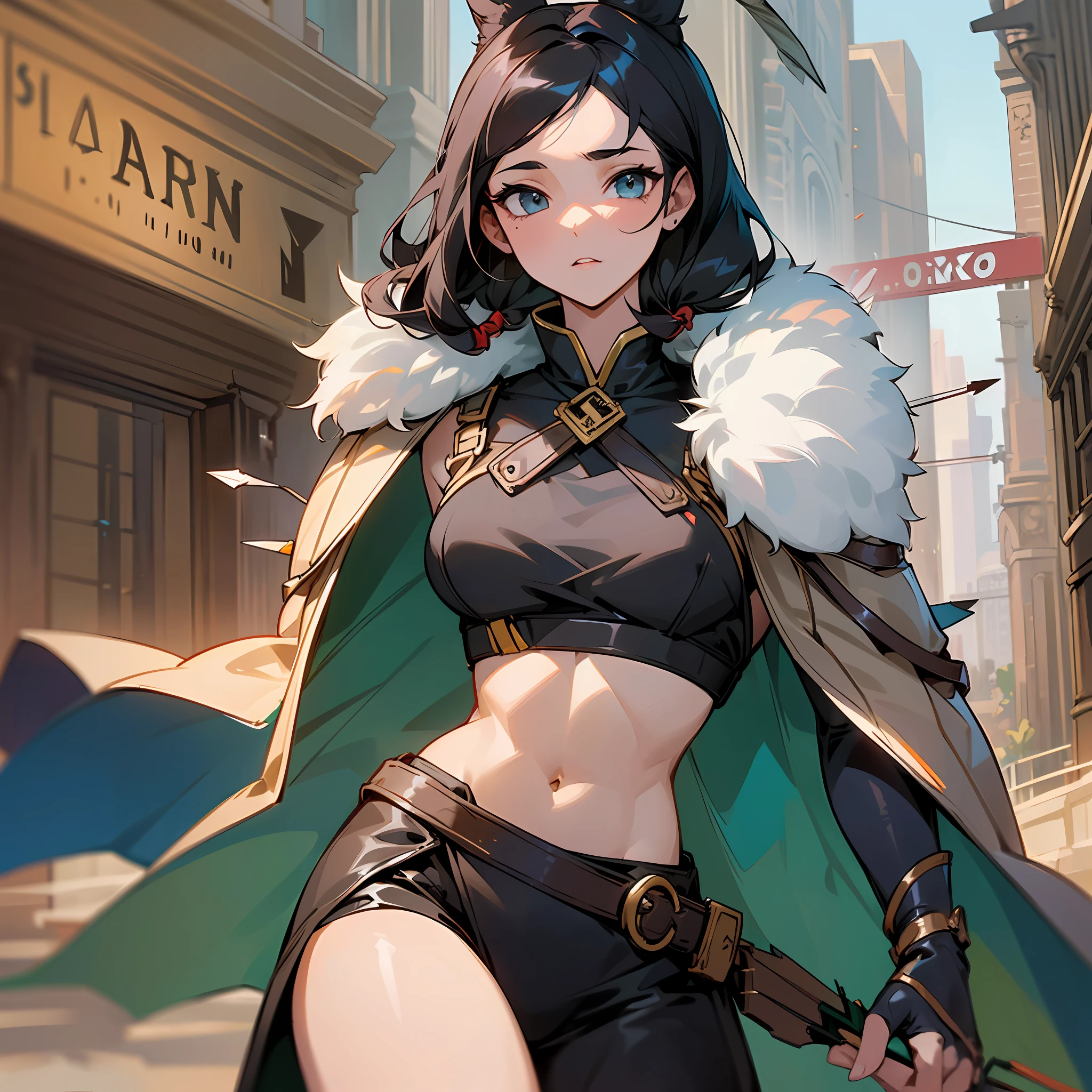 ((Cinematic Lighting: 1.2), (Girls: 1.2, Crop Top: 0.9, Rabbit Fur Pants: 1.1, Falcon Hairstyle), (Black Dress: 1.1), (Black Hair: 1.1, Hook: 1.2), (Anatomically Correct: 0.9), Focused Eyes:1.1, (Arc Targeting: 1.2, Arrow: 1.1))