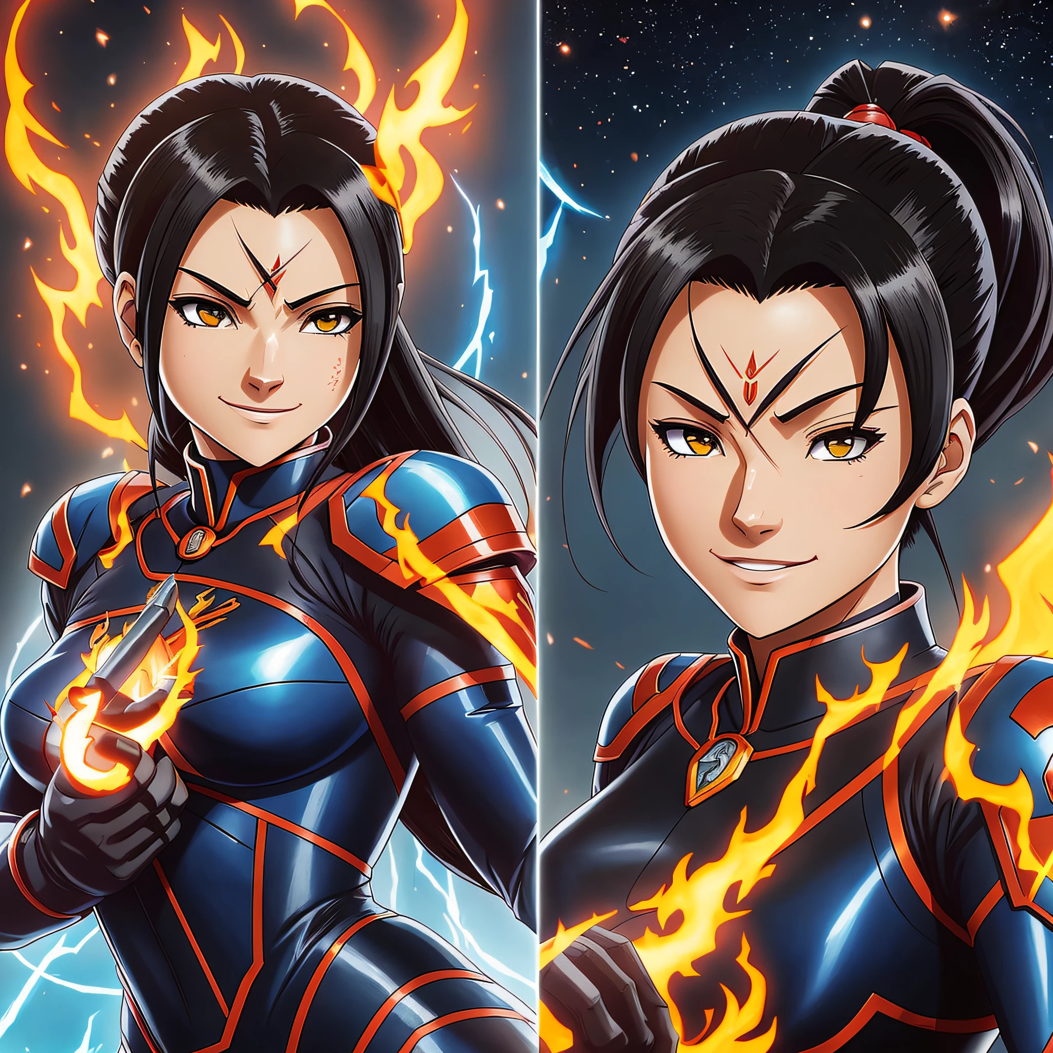 imagem estilo jcm2, 4k, Azula, avatar the last airbender, skinsuit style evangelion plugsuit, large breast, eyes blue, hair black, smiling slyly at the camera, holding a flame in her hands, while stroking his brother zuko's head.