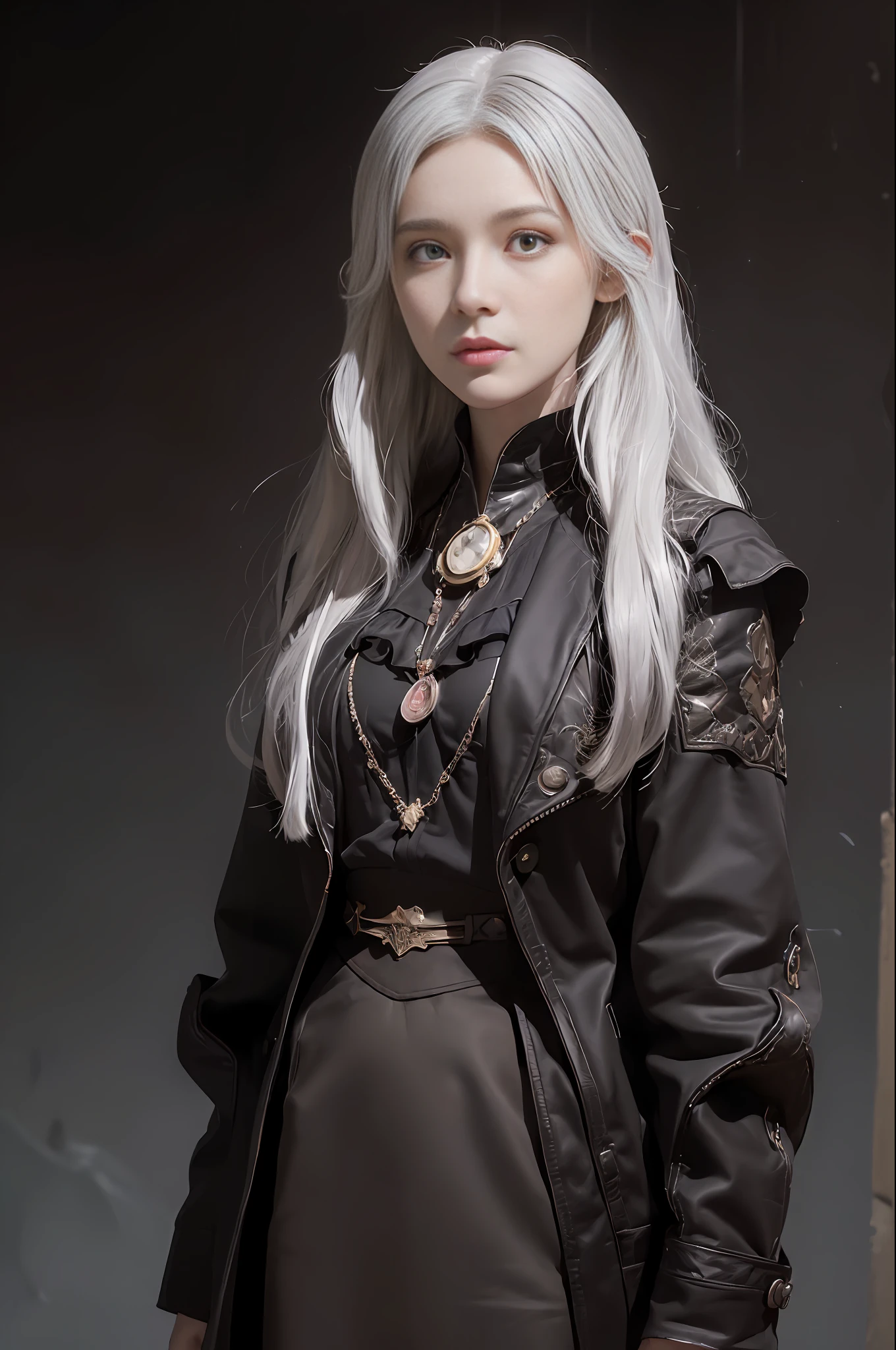 (front focus), (in the dark:1.6), Hyperrealist portrait of female by david hockney and alphonse mucha, fantasy art, photo realistic, dynamic lighting, artstation, poster, volumetric lighting, very detailed faces, 4 k, award winning, 1girl, in the dark, deep shadow, low key, cowboy shot, (official clothing:1.4), long hair, white hair