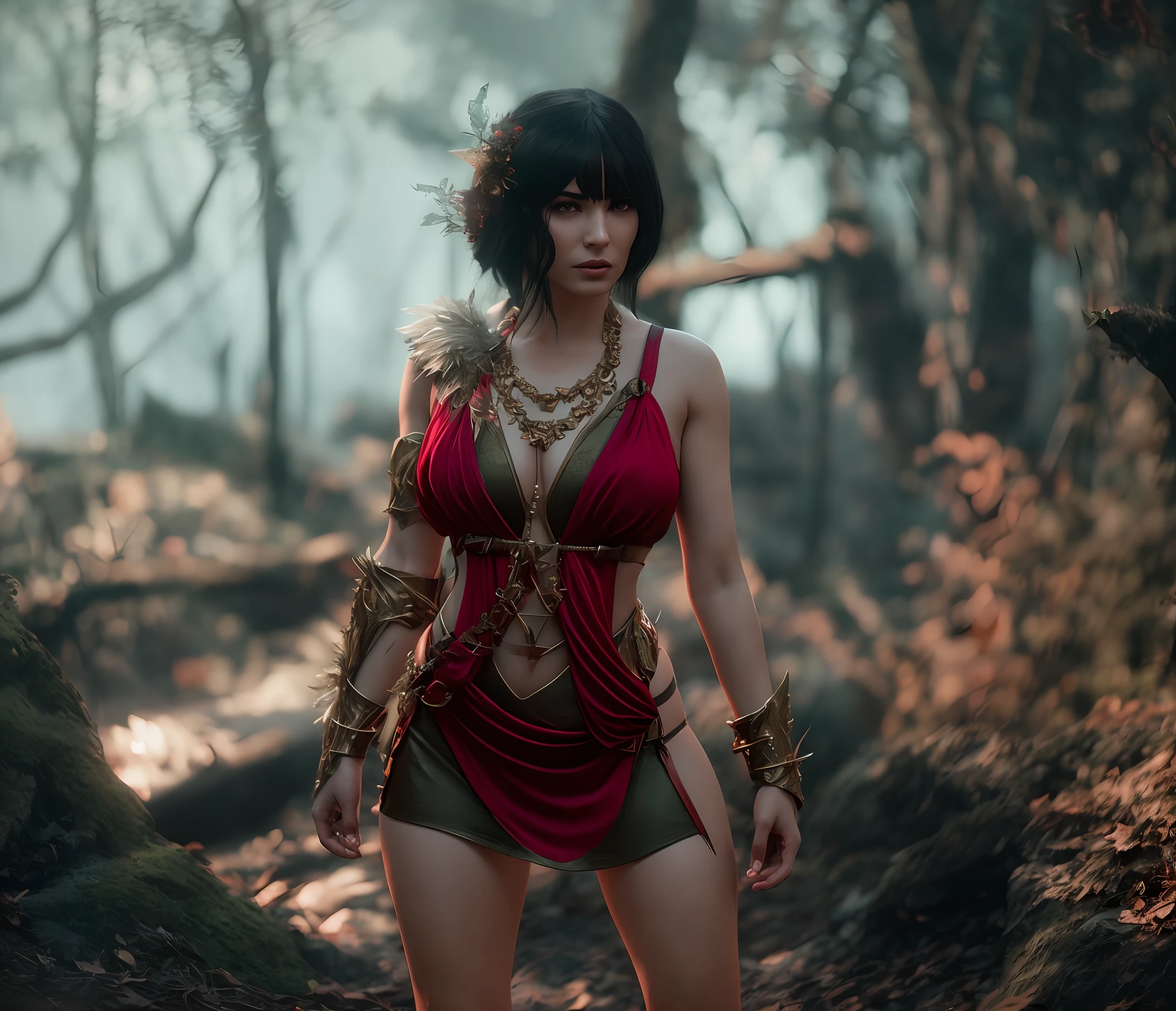 there is a nude sexy woman in a red dress standing in the woods, evil fire sorceress in the woods, cinematic goddess body shot, realistic fantasy render, forest hunter lady, warrior outfit, (octane render) fantasy style, unreal engine render + a goddess, fantasy outfit, fantasy style 8 k octane render, lady in red armor, cinematic outfit photo --auto --s2