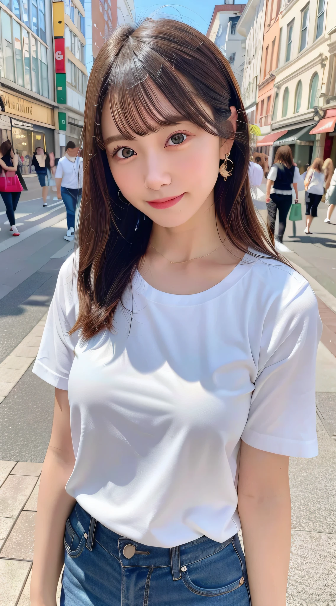 (8k, RAW Photo, Best Quality, Masterpiece:1.2), Ultra Detail, Super Resolution, (Realistic, Realistic Photo:1.37), Portrait, High Detail RAW Color Photo, Professional Photo, Extremely Detailed and Beautiful, Extremely detailed, 8k wallpaper, amazing and detailed, huge file size, official art, highly detailed CG unity 8k wallpaper, highly detailed beautiful girl, highly detailed face, highly detailed eyes, highly detailed skin, highly detailed fingers, highly detailed nose, very detailed detailed mouth , perfect anatomy, highly detailed background, highly detailed clothing, 1girl, (18:1.2), teen, cute girl, famous japanese idol, kawaii, realistic body, petite, fair skin, glowing skin , slim body , handsome body, black hair, long straight hair, (blunt bangs:1.2), smile, cute, youthful, cute face, realistic face, delicate eyes, drooping eyes, white t-shirt, skirt, earring, looking at viewer, cowboy shot, front Facing, Standing, Contraposto, High Street, Public, Crowd, Dynamic Lighting, Very Large Breasts,