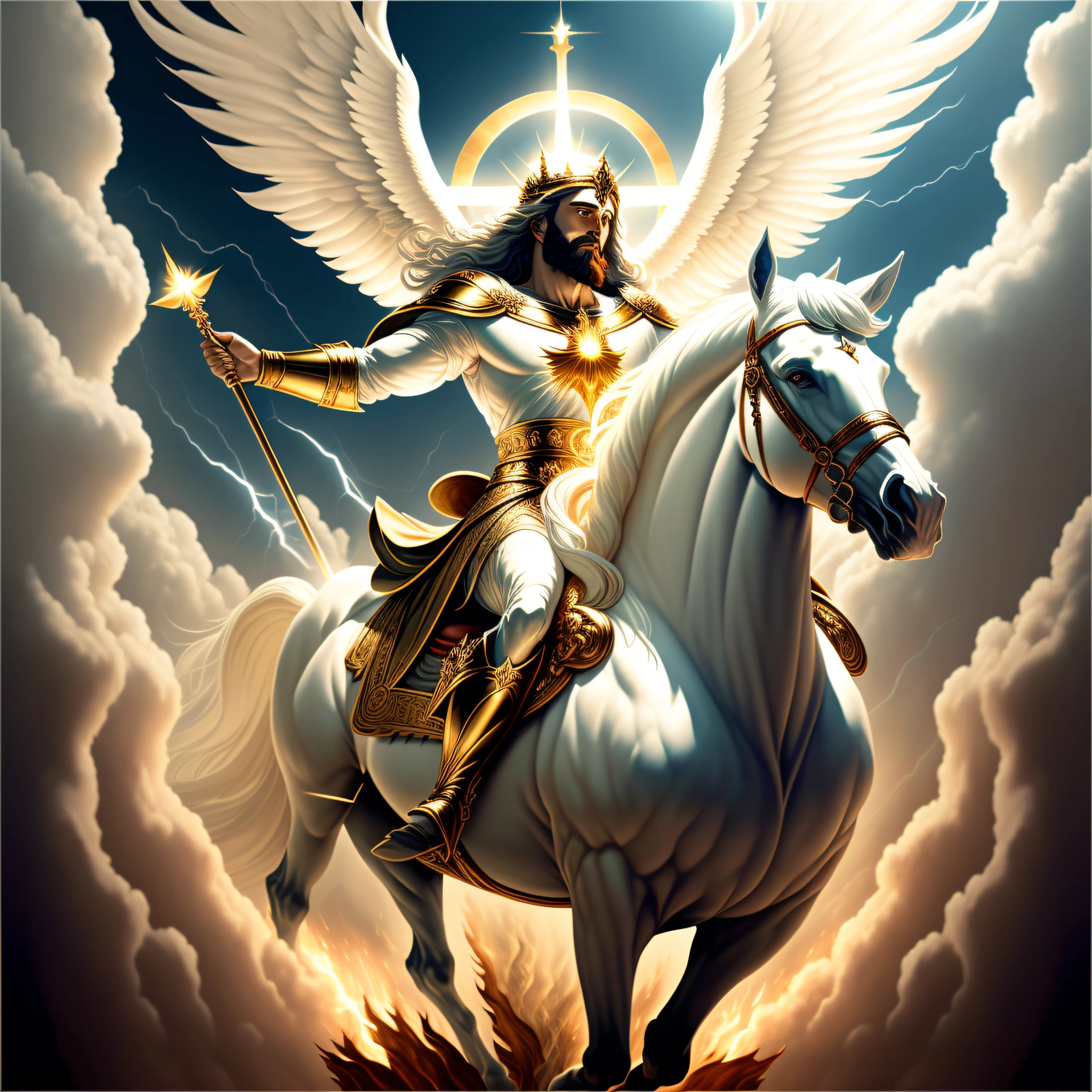 The image shows Jesus riding a white horse, descending from heaven with great power and glory. He is surrounded by angels, radiating divine light. The earth is in turmoil, with signs of judgment and destruction, such as earthquakes and thunder. Some people worship and praise Jesus, while others are terrified. The image conveys the majesty and power of Christ in his triumphant return, bringing final judgment and establishing his eternal kingdom.