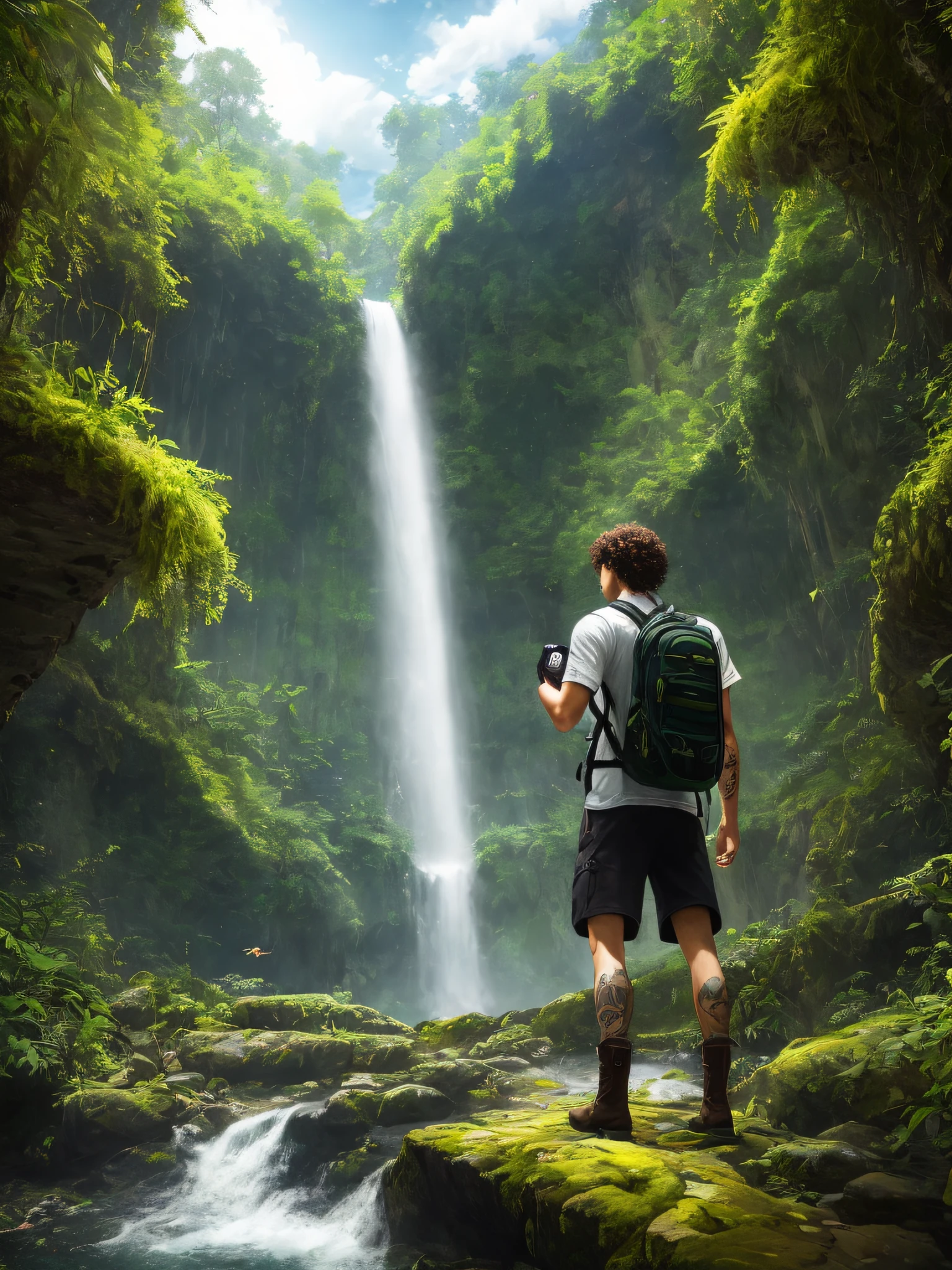 (8k, RAW photo, best quality, masterpiece: 1.2), (realistic, photorealistic: 1.37), a white man, muscular with some tattoos and scarring, carrying a backpack with several intens hanging from this muchila, the man has an adventurous style, curly brown hair, green eyes, extremely comfortable boots, he finds himself in a lost civilization, dark but at the same time full of much sunshine, Waterfalls, a lot of light in the water, in the leaves, complete detailing of vegetation and some butterflies with vibrant colors, a lot of brightness, professional lighting, photon mapping, radiosity, sky with few clouds, a lush landscape, this man is almost in profile, with one of his arms raised with his hand closed, indicating satisfaction and overcoming