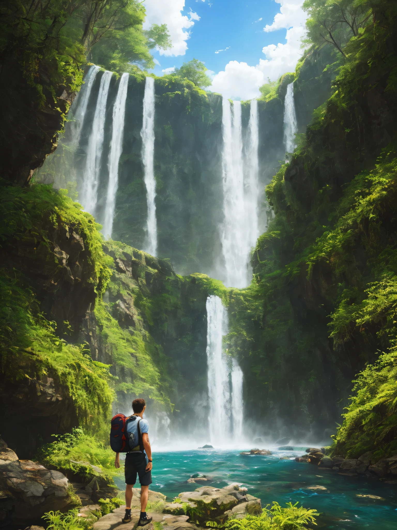 (8k, RAW photo, best quality, masterpiece: 1.2), (realistic, photorealistic: 1.37), a white man, muscular with some tattoos and scarring, carrying a backpack with several intens hanging from this muchila, the man has an adventurous style, curly brown hair, green eyes, extremely comfortable boots, he finds himself in a lost civilization, dark but at the same time full of much sunshine,  Waterfalls, a lot of light in the water, in the leaves, complete detailing of vegetation and some butterflies with vibrant colors, a lot of brightness, professional lighting, photon mapping, radiosity, sky with few clouds, a lush landscape, this man is almost in profile, with one of his arms raised with his hand closed, indicating satisfaction and overcoming