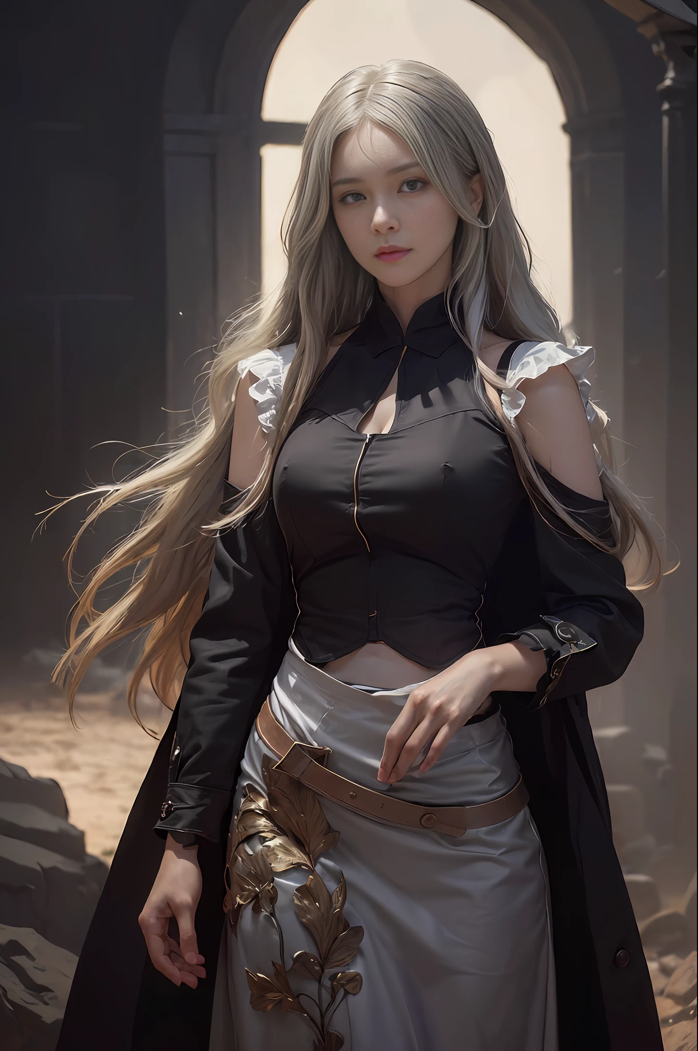 (front focus), (in the dark:1.6), Hyperrealist portrait of female by david hockney and alphonse mucha, fantasy art, photo realistic, dynamic lighting, artstation, poster, volumetric lighting, very detailed faces, 4 k, award winning, 1girl, in the dark, deep shadow, low key, cowboy shot, (official clothing:1.4), long hair, white hair