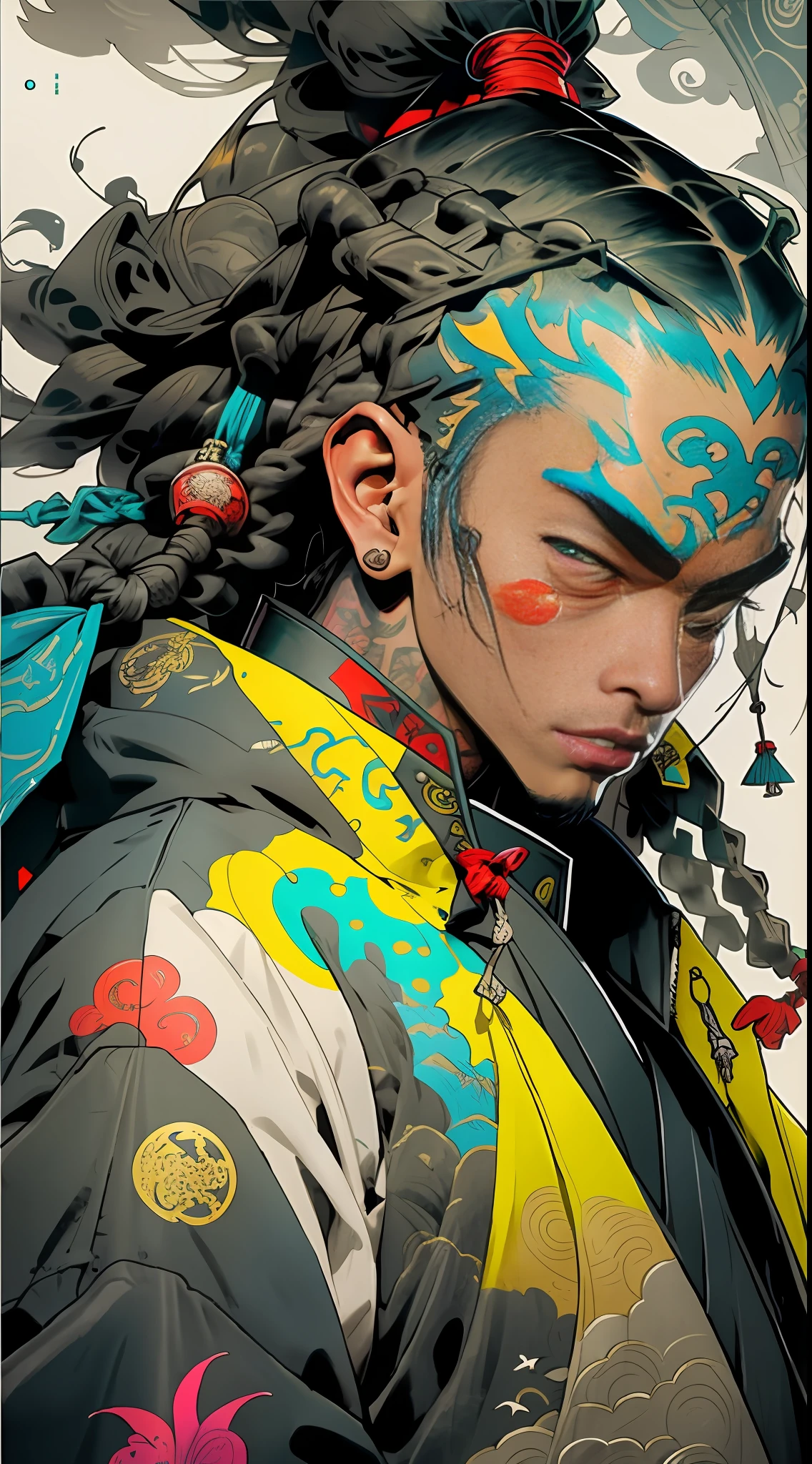 wuxia,1rapper with tattoos,dread hair,puffer jacket,super colorful,luminous colorization,illustration