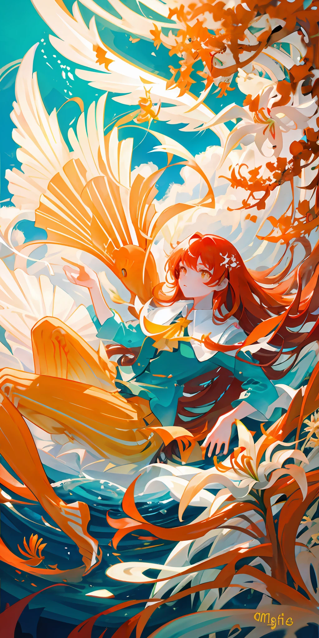 girl underwater, long red flowing hair, angel wings, orange yellow and white lily flowers