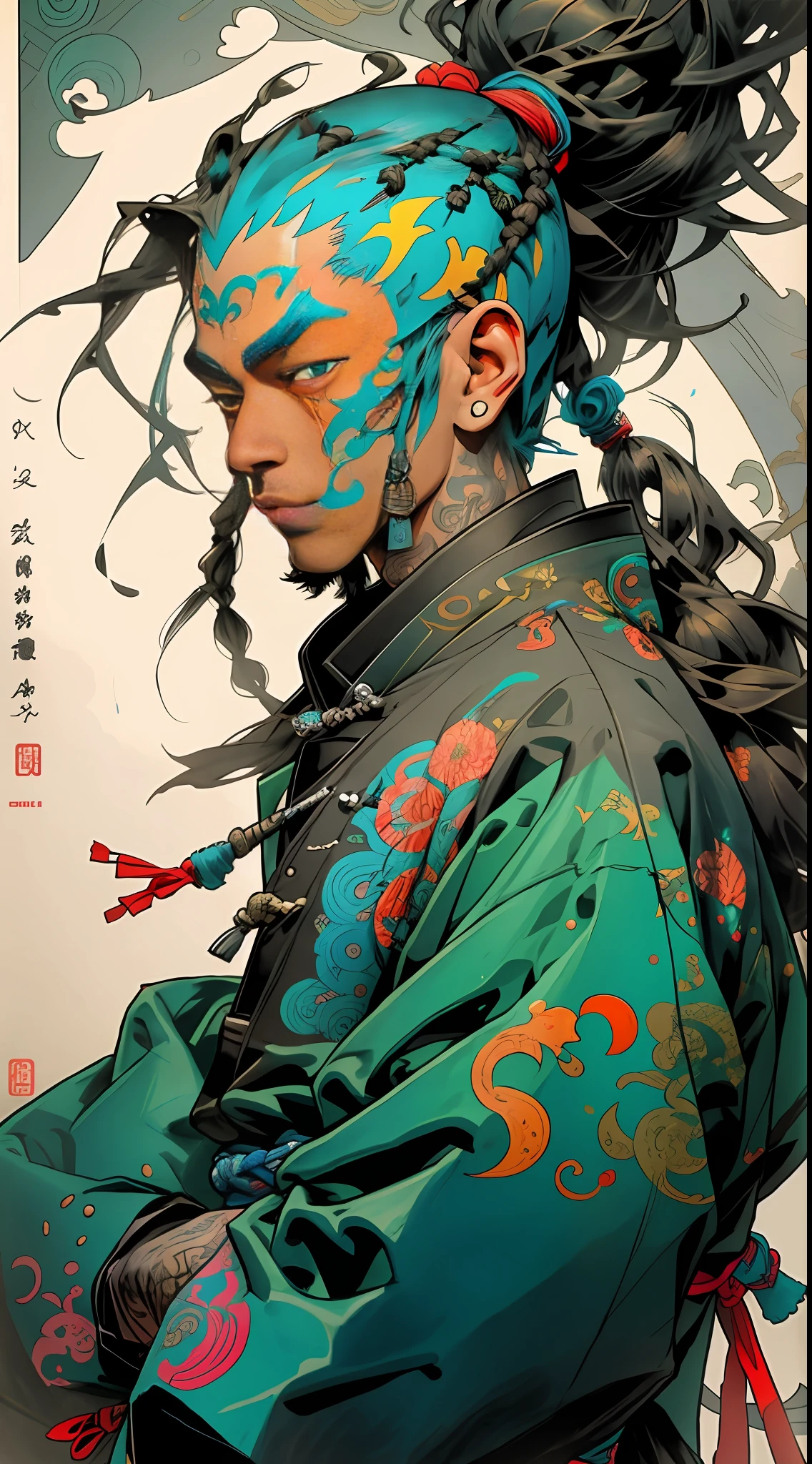 wuxia,1rapper with tattoos,dread hair,puffer jacket,super colorful,luminous colorization,illustration