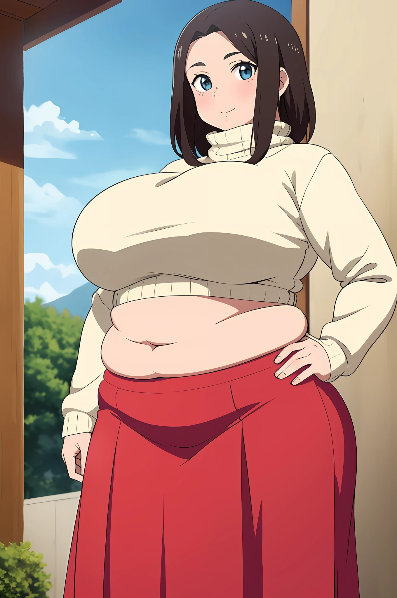 1girl, milf, looking at viewer, plump, tummy showing, cute, big breasts, adorable, sweater, anime, long skirt