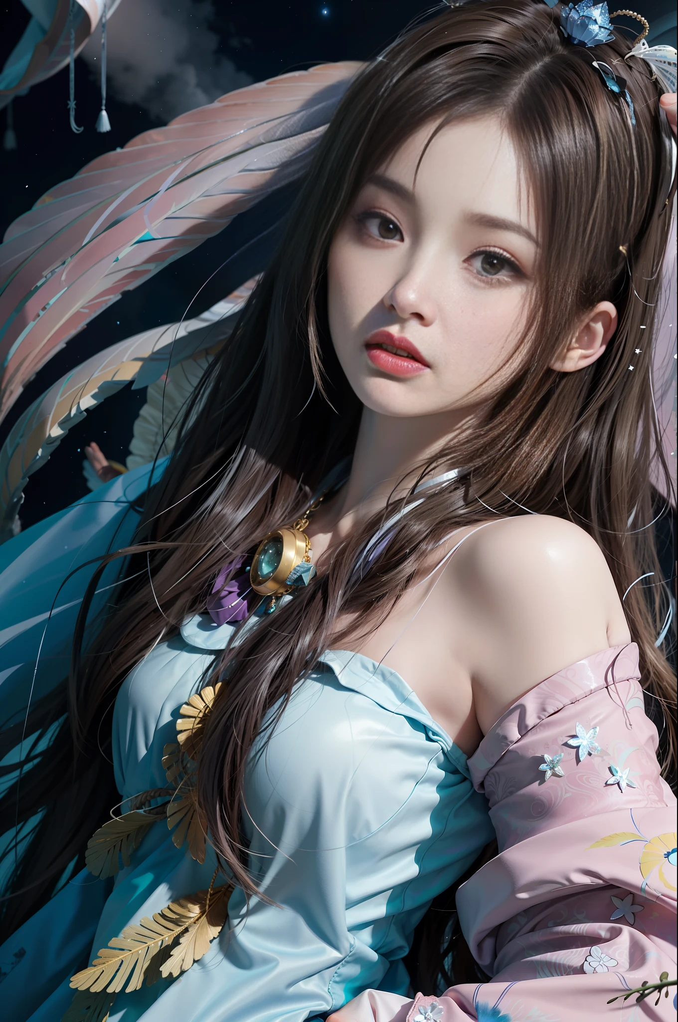 (Masterpiece, top quality, best quality, ultimate detail, supreme detail, official art, Beauty and aesthetics: 1.2), colors, denim lens, upper body shot, beautiful face, solo, perfect figure, fly in the sky, portrait of a girl, silver gradient hair, brunette hair, fairy, flowing streamers, (sexy, nude: 2.3), sun rays, clouds, hanfu, chinese clothes, water, fireflies, night, starry sky, jewelry, feathers on dresses, peacock feathers, light particles, volumetric lighting, ray tracing (flowing streamers: 1.1), (fantasy: 1.2), illuminators, stars, fantasy, high contrast, ink strokes, overexposure, purple and red tone impressions, abstract, (watercolor by Berkey and Jerememan)) brush strokes,