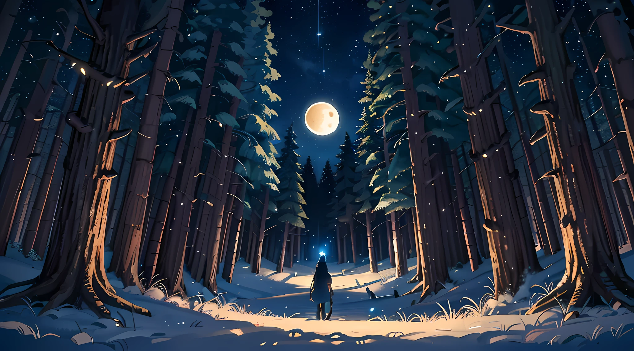 pine forest at night with several fireflies, full moon night on a mountain in the background, a dark wolf with blue eyes with the shadow being cast by the moon and howling at the moon, with enough shadow effect, realistic painting style --auto --s2
