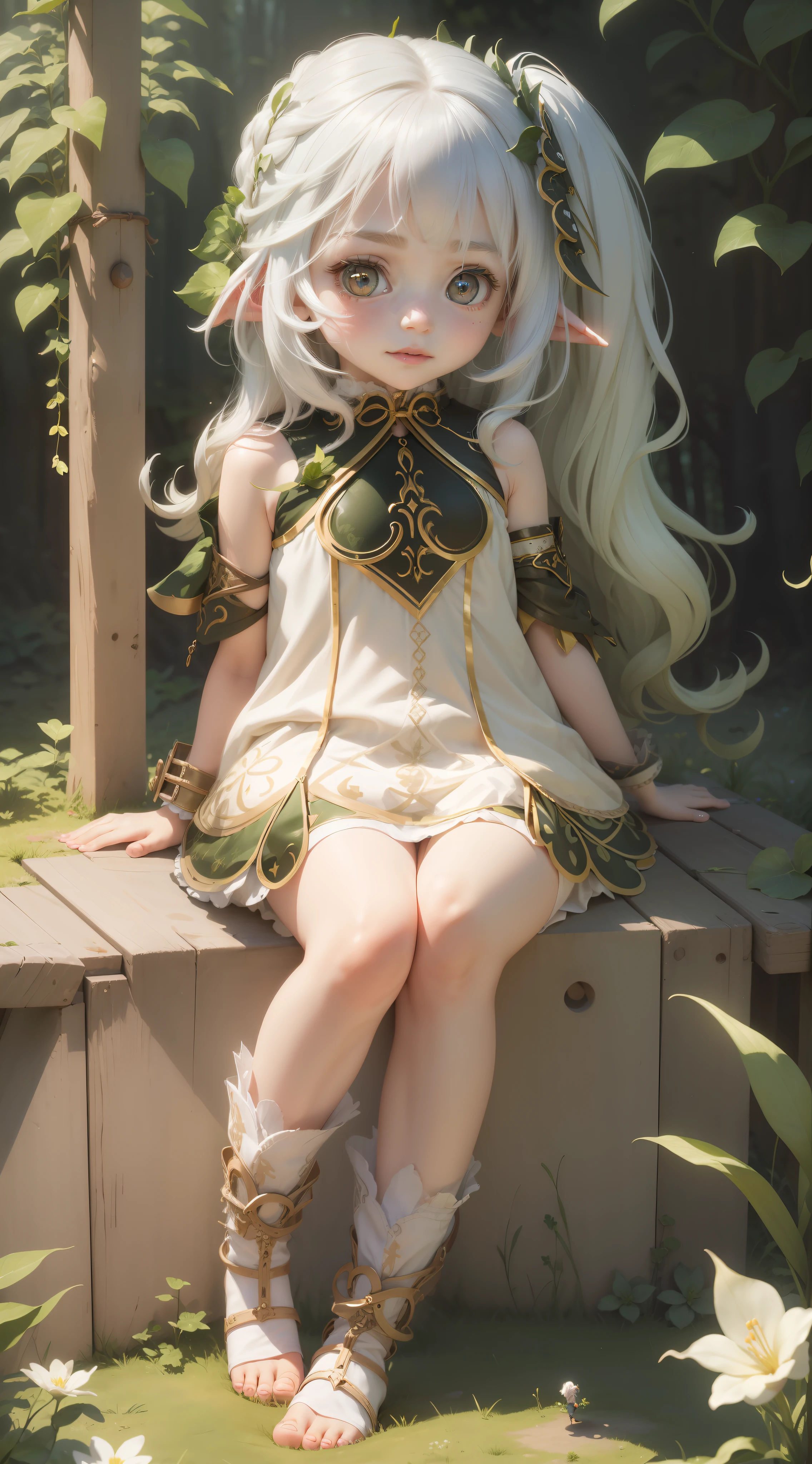 1 girl, , 3D, small world, cute, (feet: 1.3), mischievous face, pale skin, white_hair, looking at the audience, sitting, meadow, forest, spring, available light, full body, symbol shaped pupils,